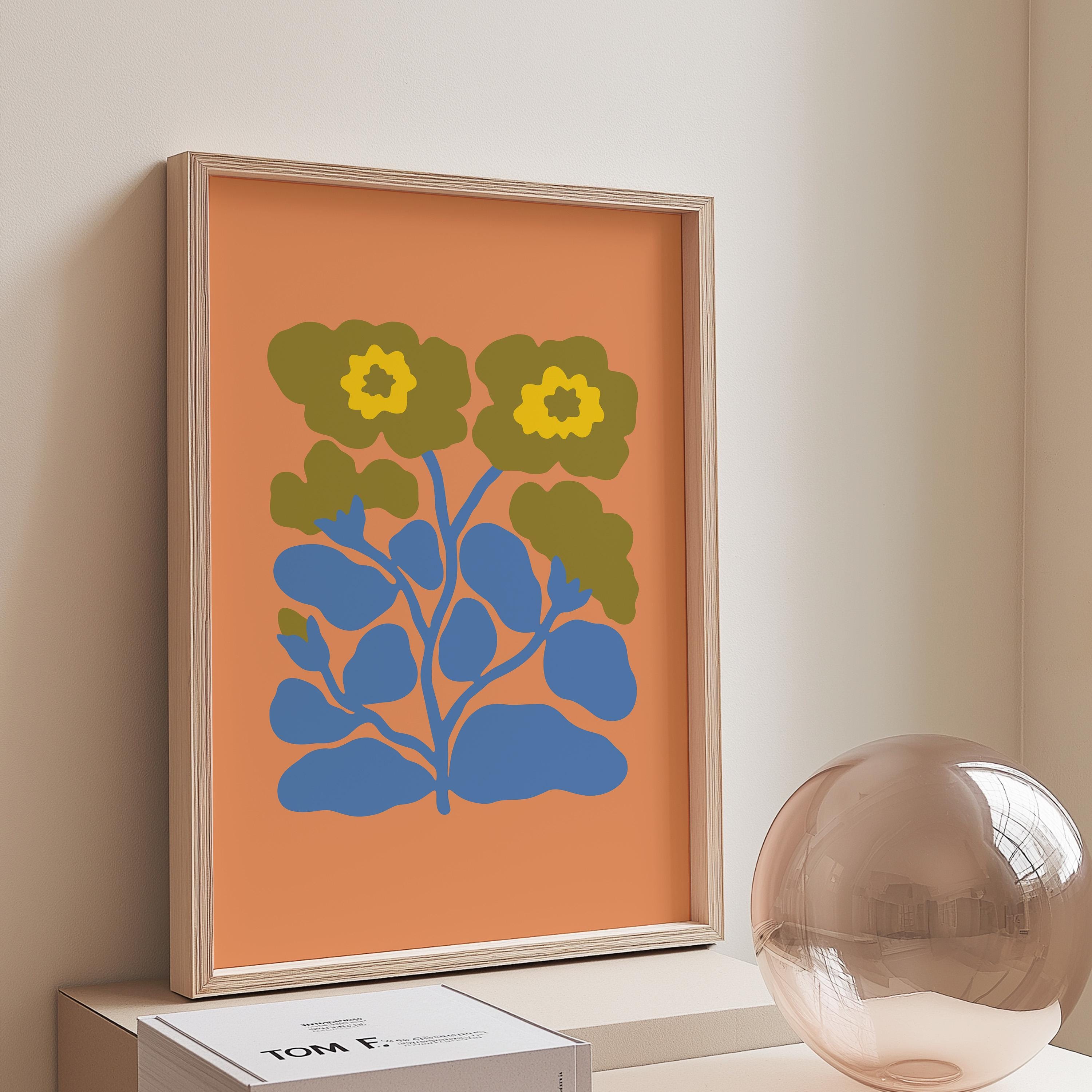 abstract floral art, orange flower posters, digital download, blue floral art print, 70s style floral art, Maximalist Art, groovy flower
