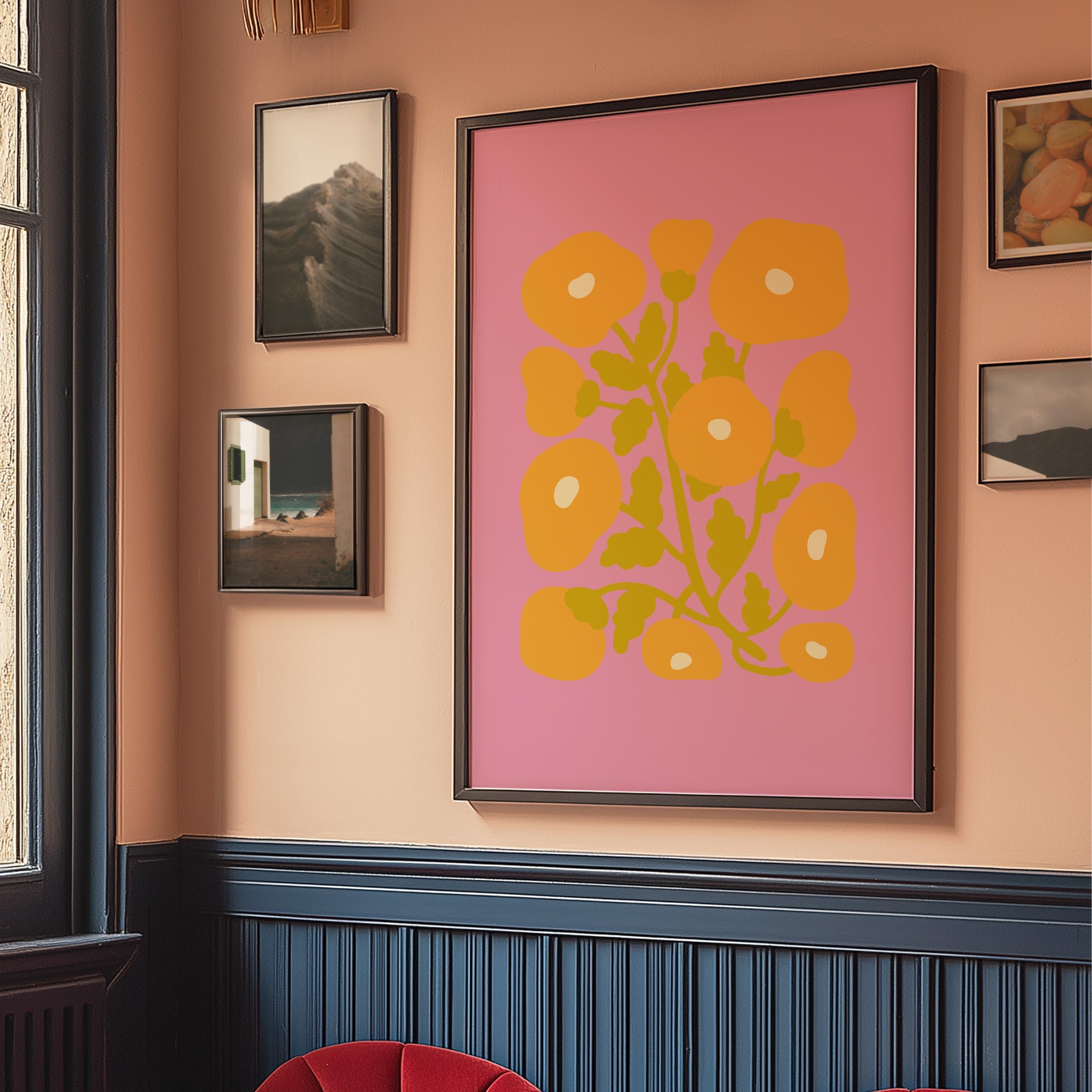 Abstract Pink Flowers Print, Living Room Wall Art, Colorful Botanical, Modern Prints, Bold Pink Green Poster, Bright Flower Decor