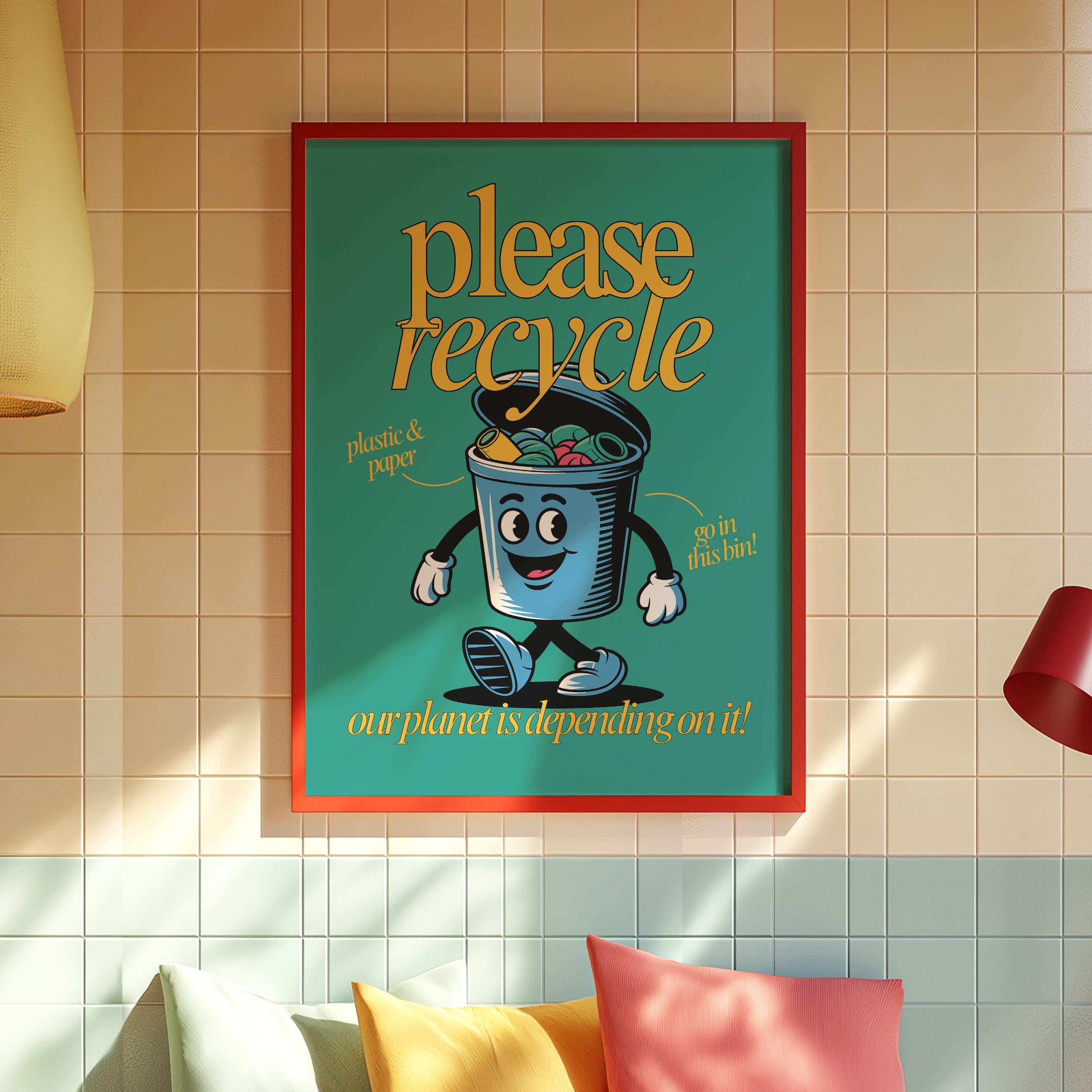 Recycle Art, Downloadable Print, Cartoon Art Print, Retro Character Art, Trendy Posters, Vintage Mascot Art, Cute Classroom Art Print