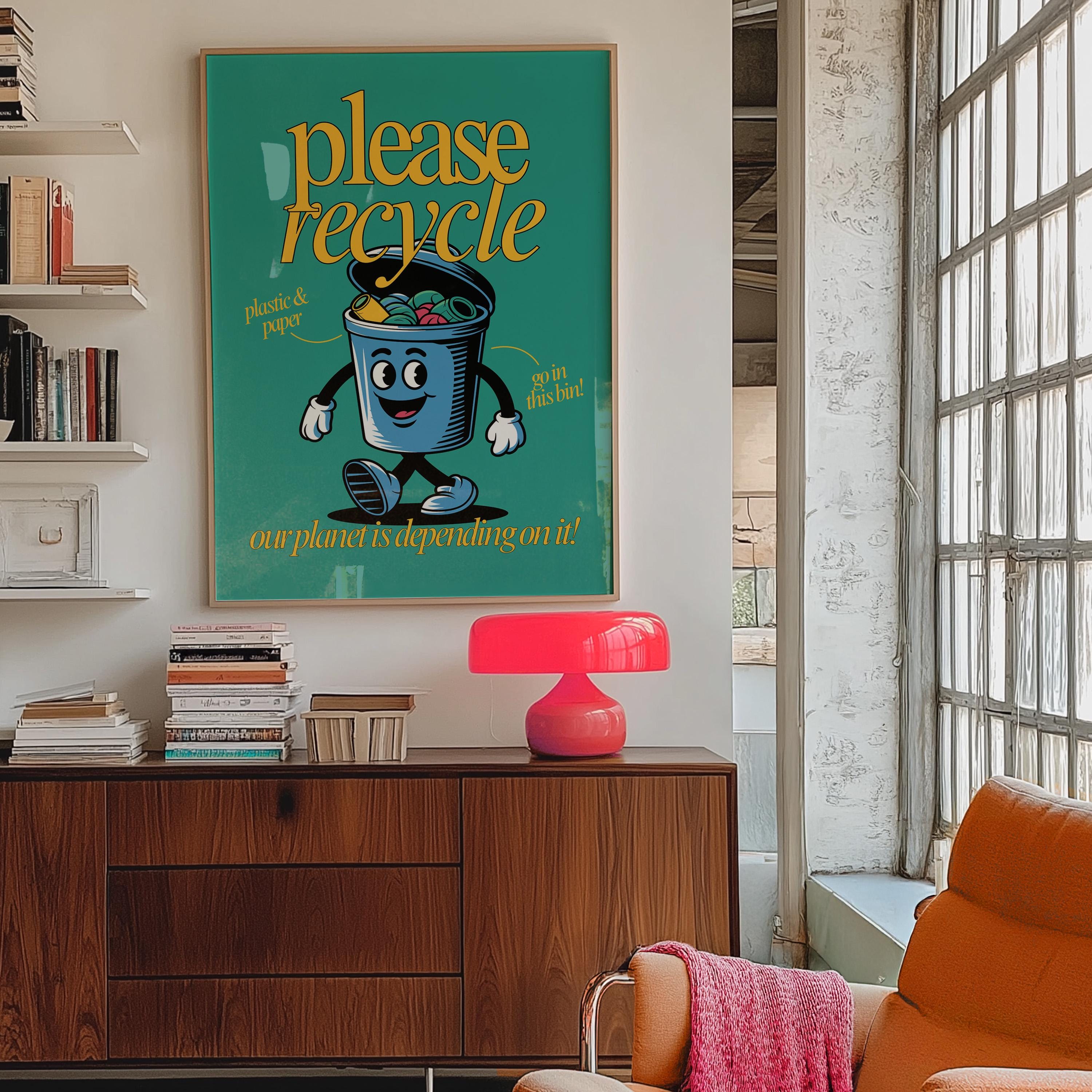 Recycle Art, Downloadable Print, Cartoon Art Print, Retro Character Art, Trendy Posters, Vintage Mascot Art, Cute Classroom Art Print