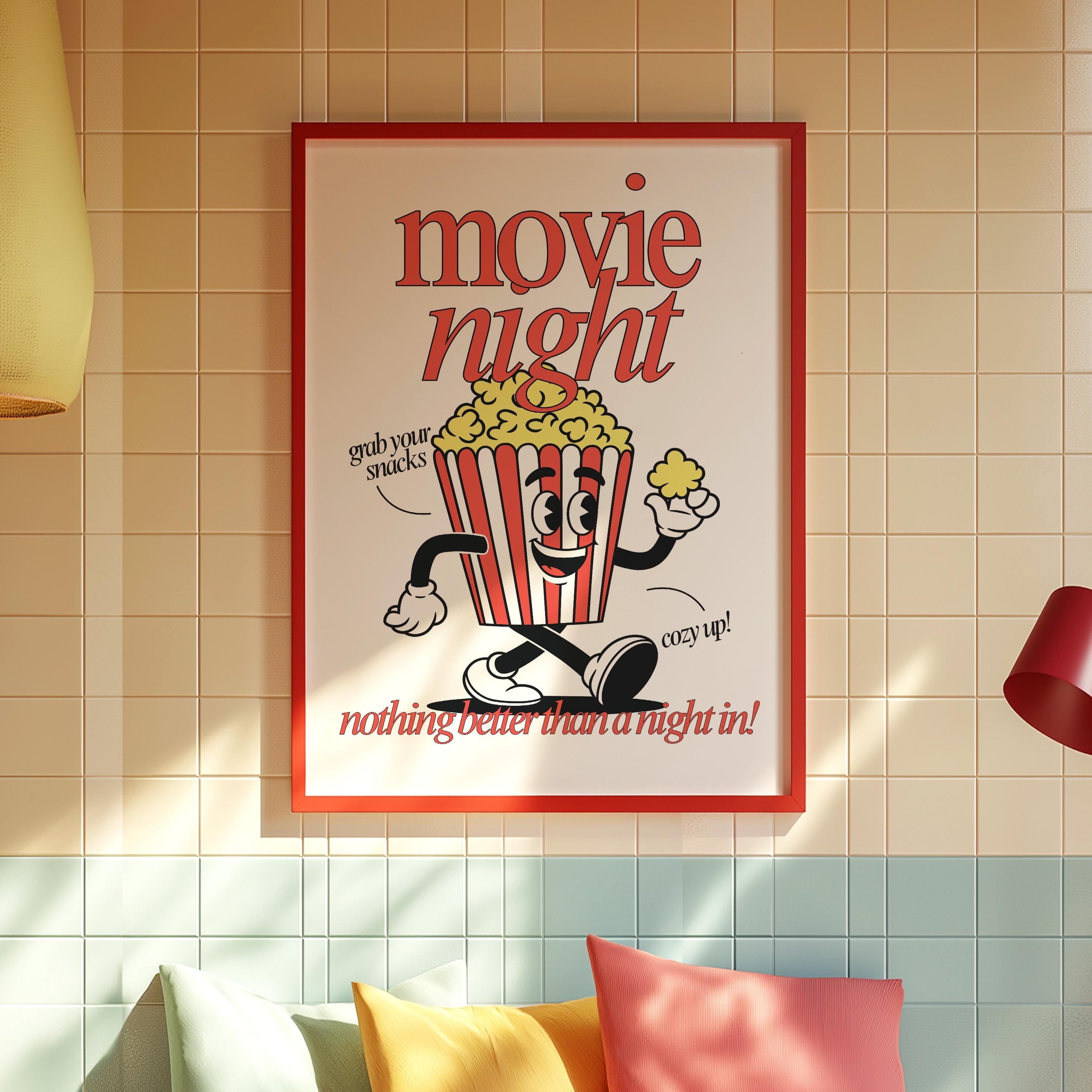 Retro Popcorn Art Print, Cute Retro Print, Gift for Movie Lovers, Vintage Mascot Print, Movie Night Poster, Positive Art, Living Room Art