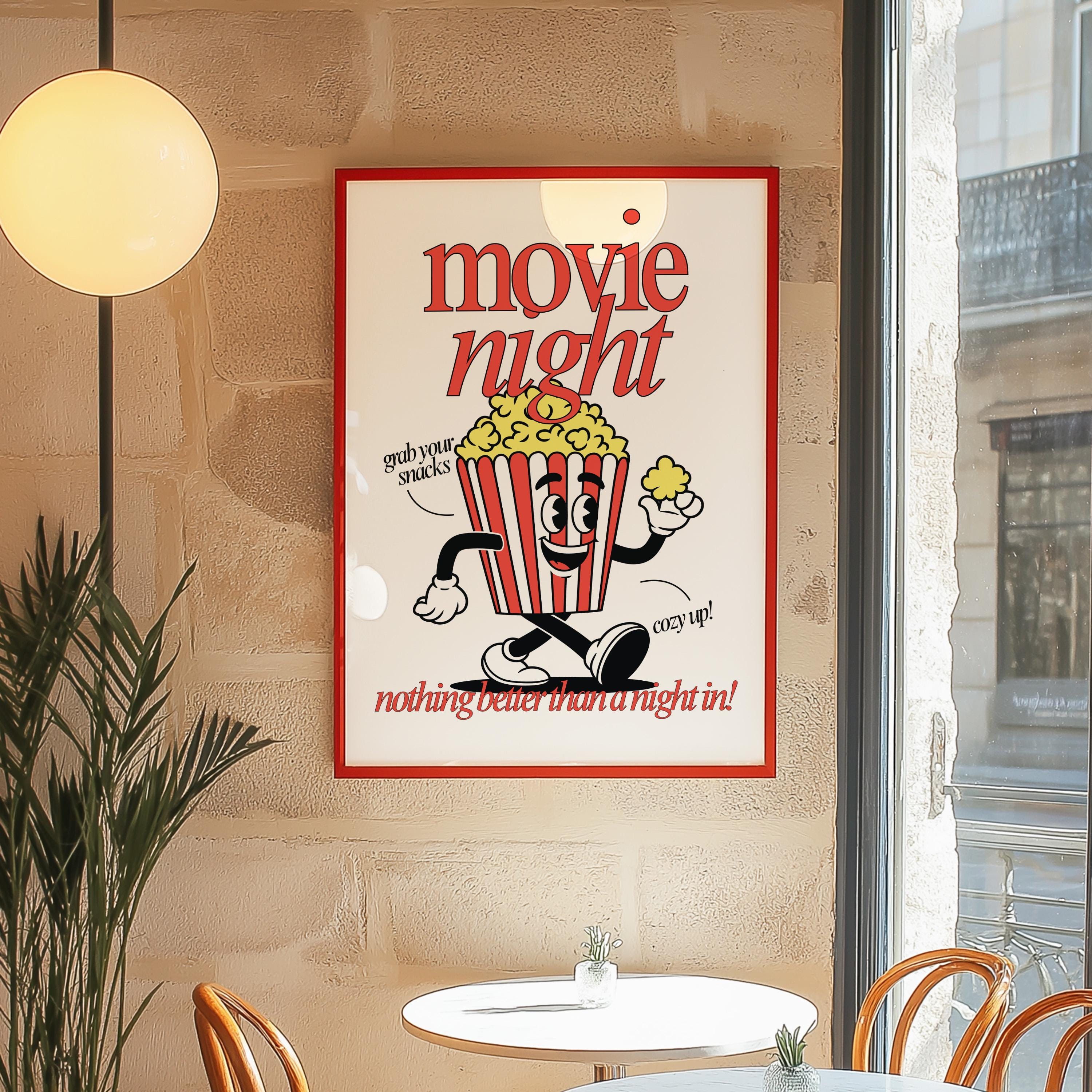 Retro Popcorn Art Print, Cute Retro Print, Gift for Movie Lovers, Vintage Mascot Print, Movie Night Poster, Positive Art, Living Room Art