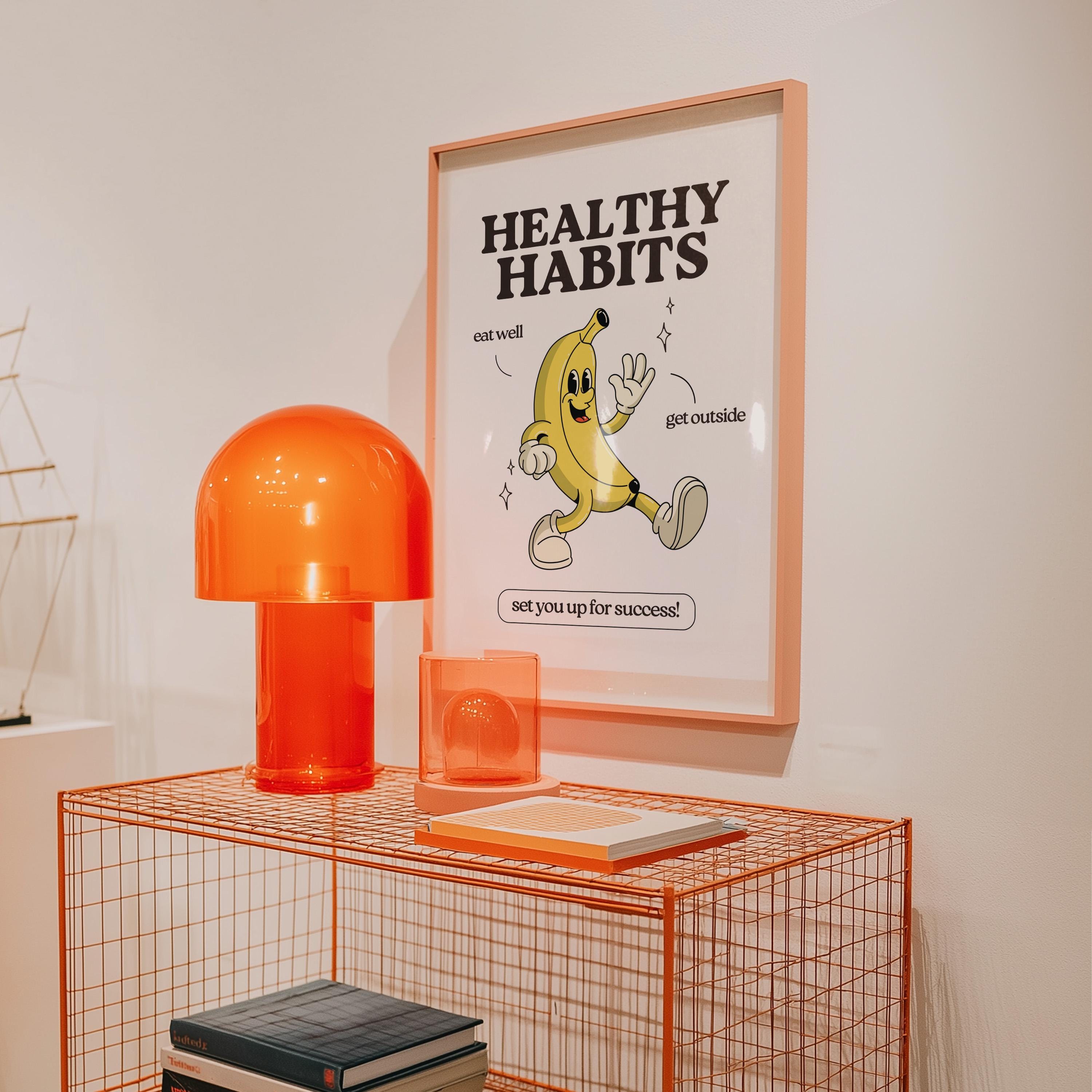 Healthy Habits Print - Retro Cartoon Poster, Cute Wall Art, Inspirational Quote for Kids, Fun Decor, Playful Art Print, Banana Decor
