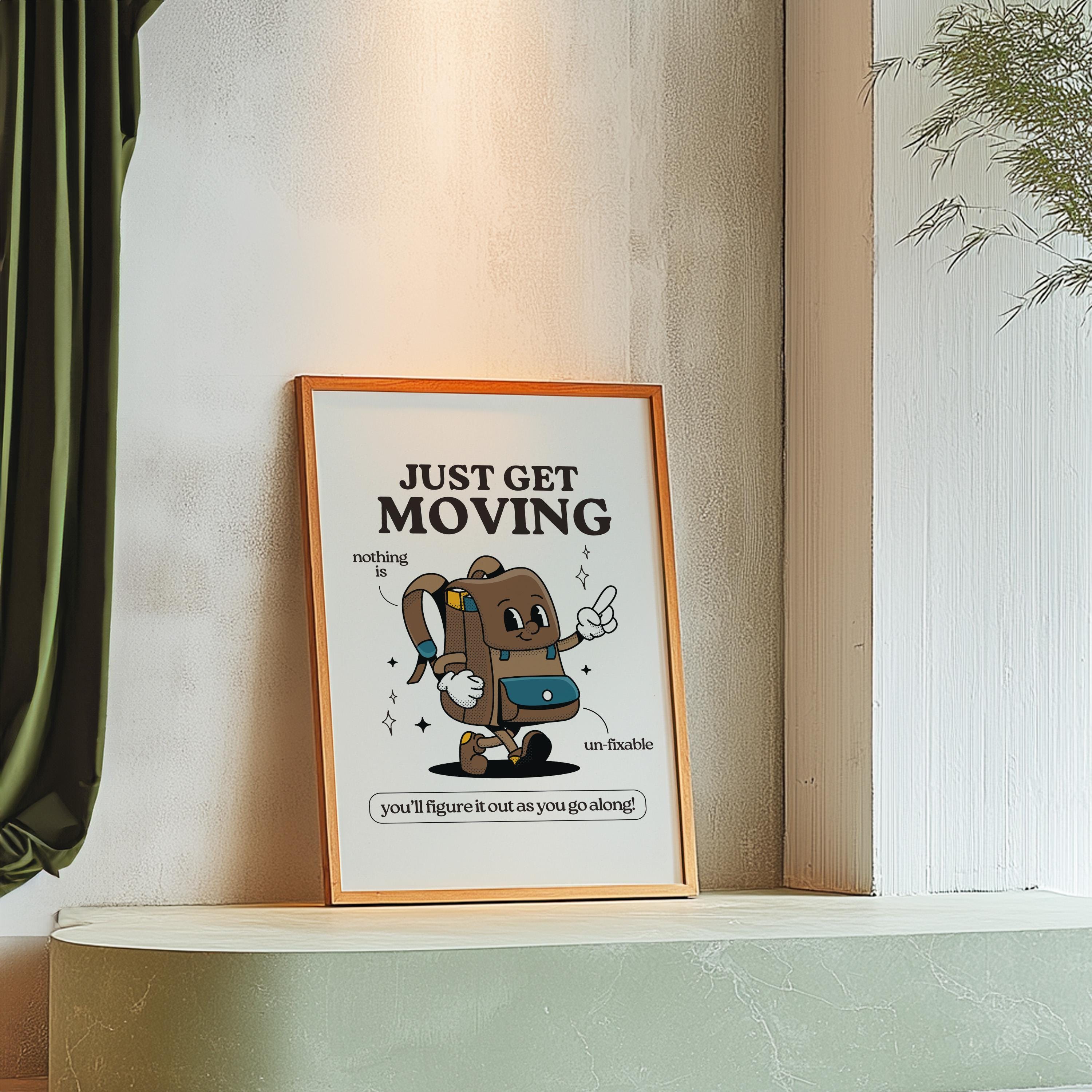 Get Moving Print - Retro Cartoon Poster, Cute Wall Art, Inspirational Quote for Kids, Fun Decor, Playful Art Print, motivation decor