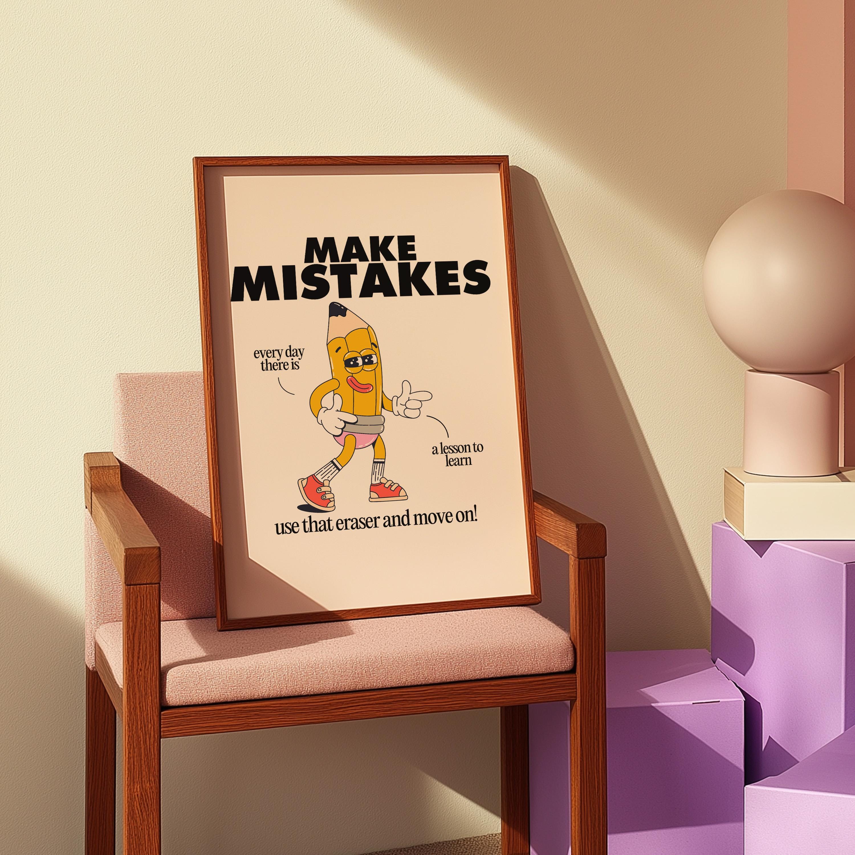 Classroom Art, Kids Room Art, Digital Print, Cartoon Art Print, Make Mistakes Art, Vintage Mascot Art, Cute Positive Art, Classroom Decor