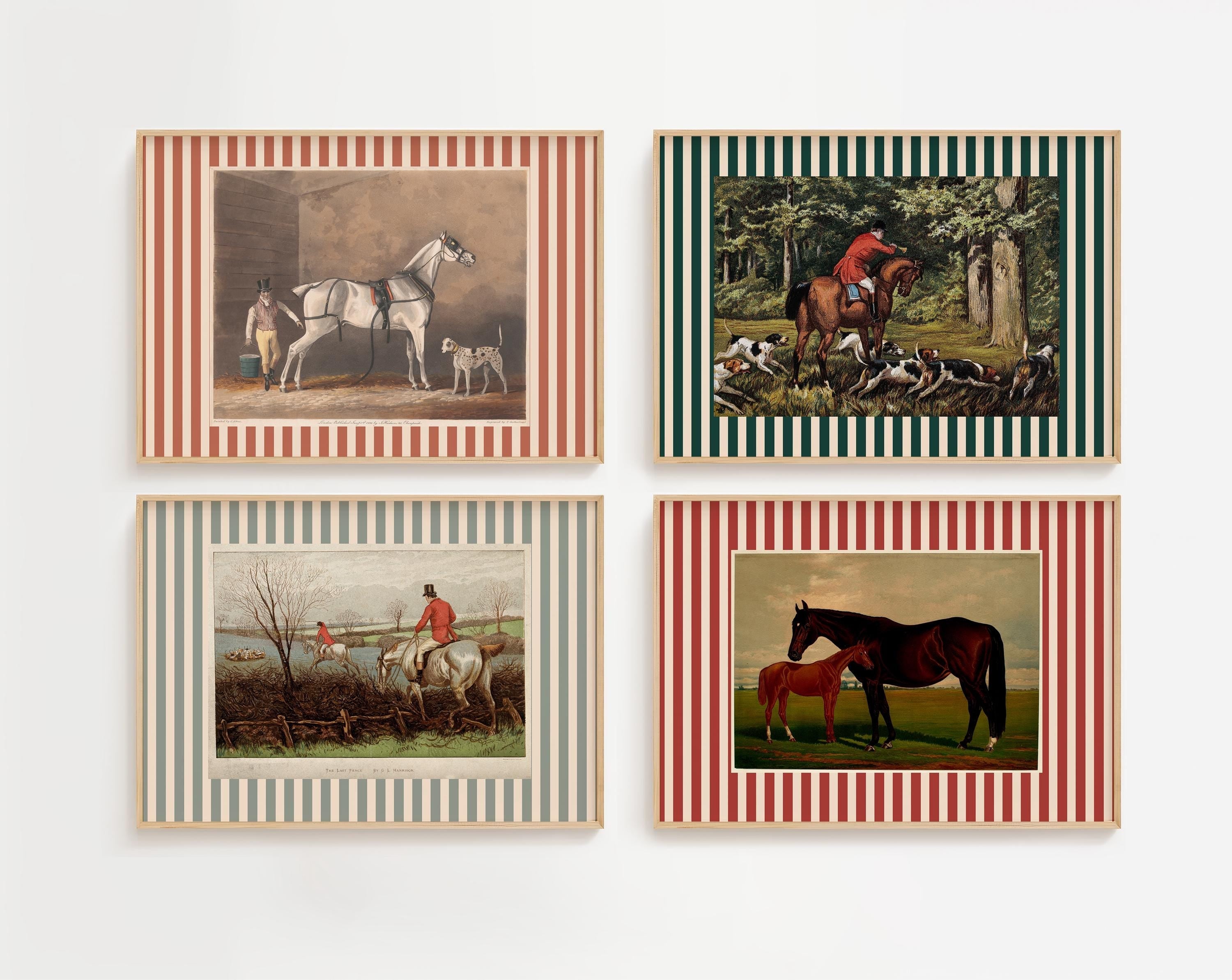 Set of 4 Vintage Horse Paintings, Horse Portrait, Kentucky Derby Decor, Boys Room Decor, Watercolor Nursery, Equestrian, Farmhouse Decor