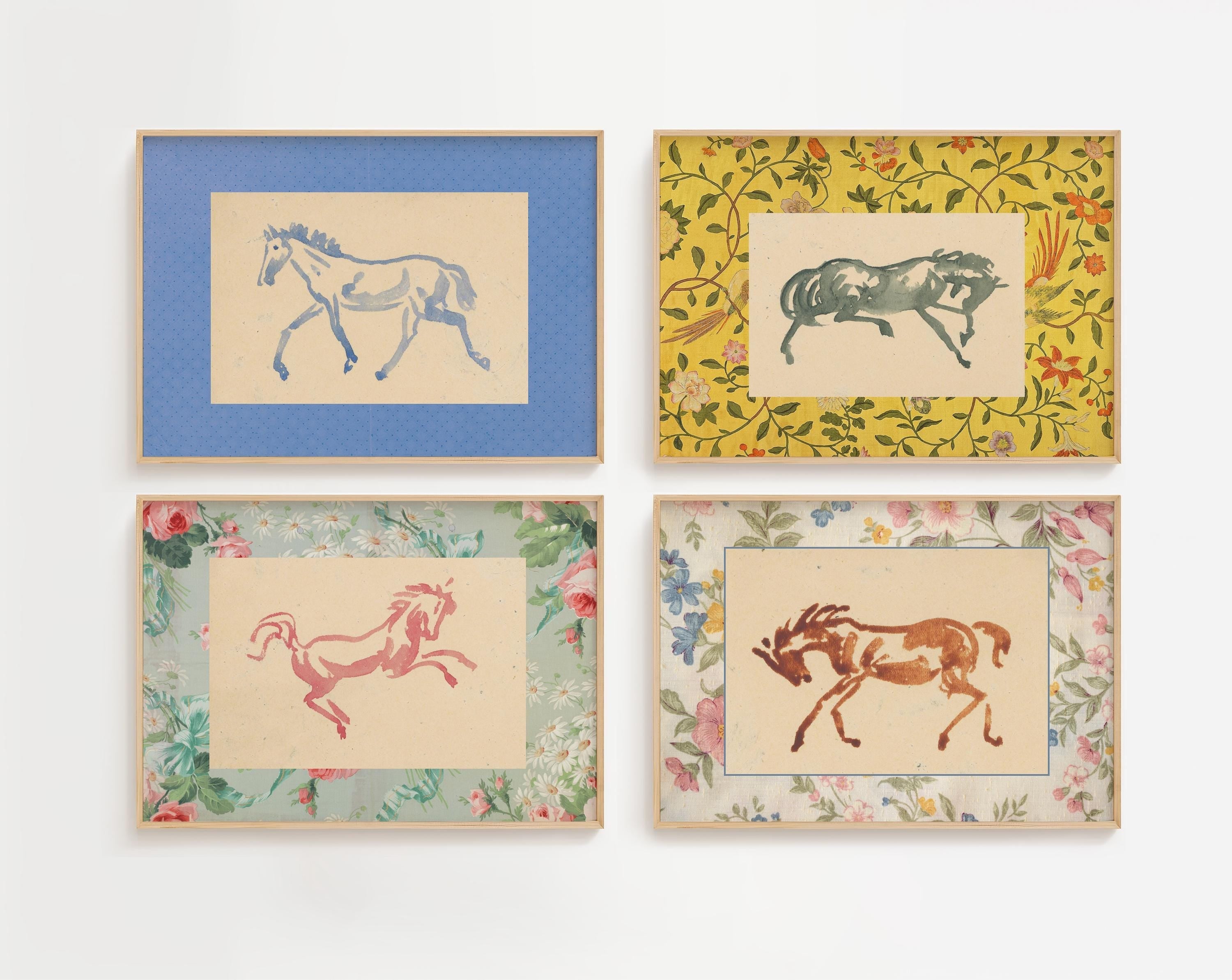 Vintage Horse Painting Bundle - Watercolor Horse Portrait, Blue Horse Decor for Kids Room & Nursery, Equestrian Farmhouse Floral Mat