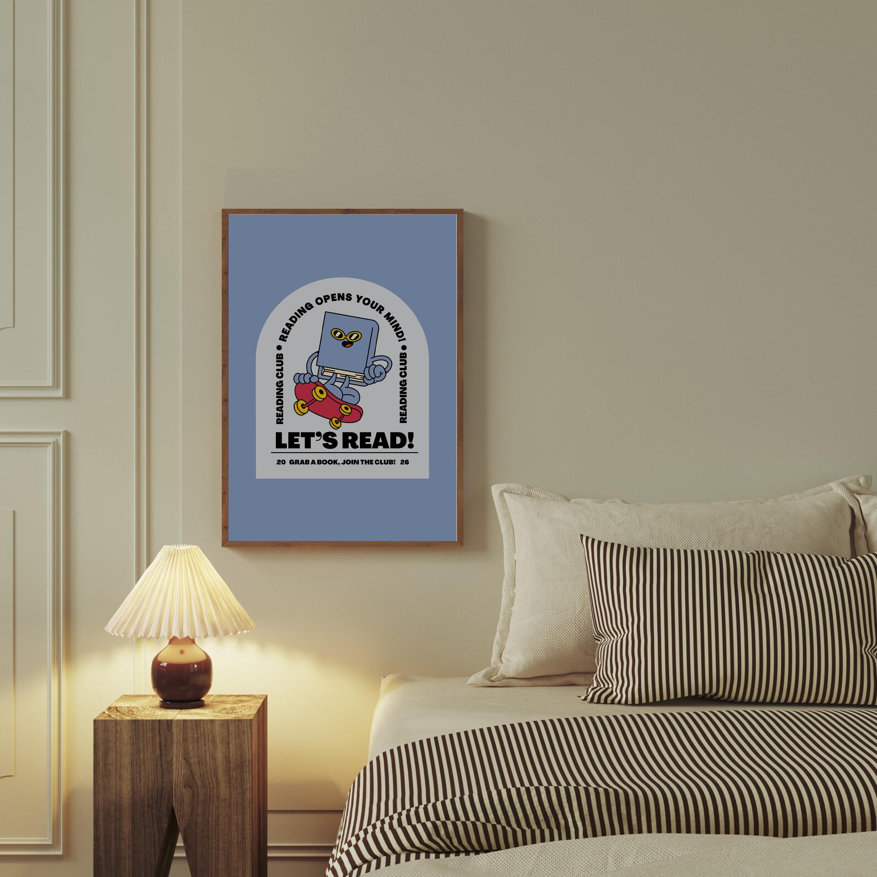 Book Club Art Print - Cute Retro Classroom Art, Funky Groovy Blue Poster, Book Cartoon, Retro Mascot Wall Decor for Kids