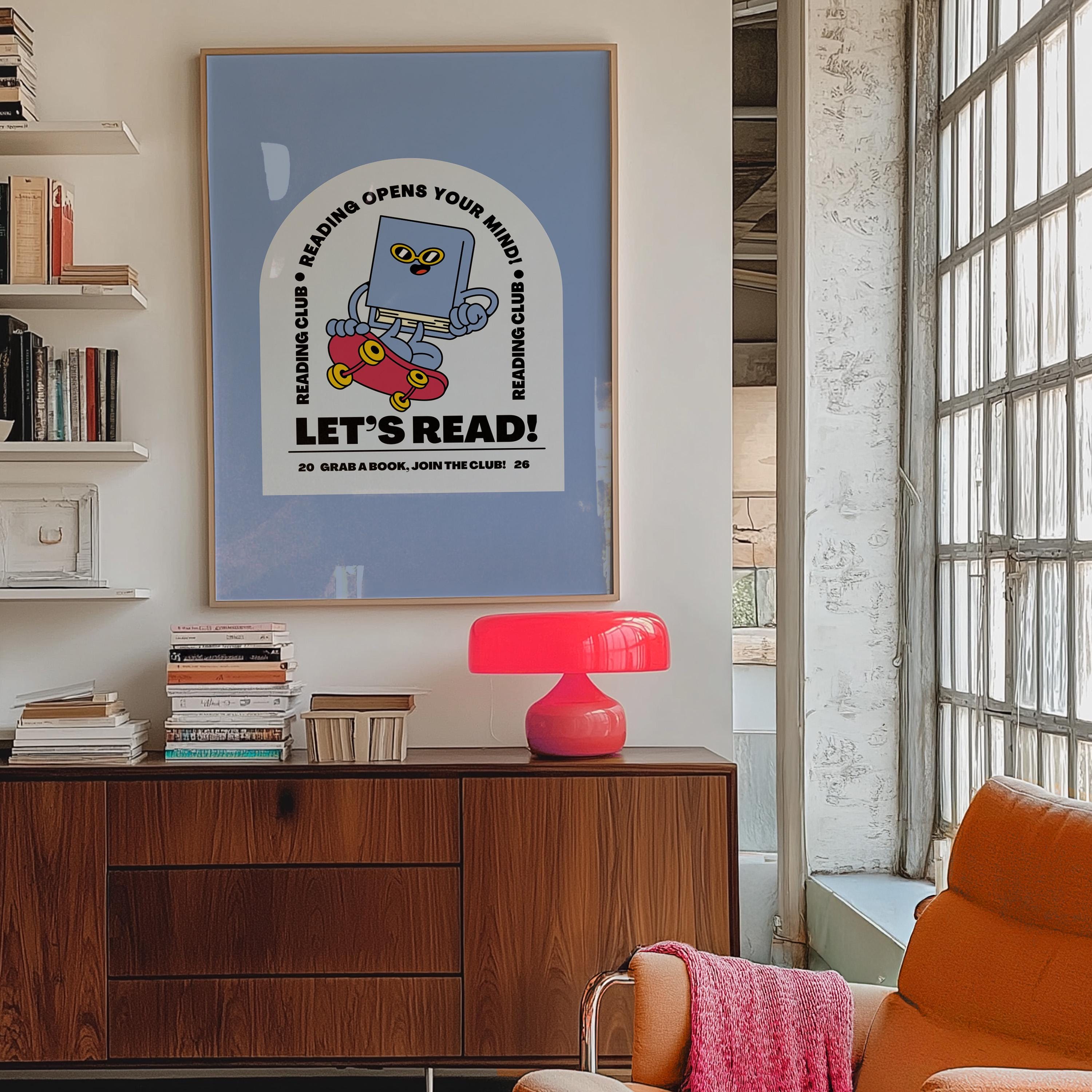 Book Club Art Print - Cute Retro Classroom Art, Funky Groovy Blue Poster, Book Cartoon, Retro Mascot Wall Decor for Kids