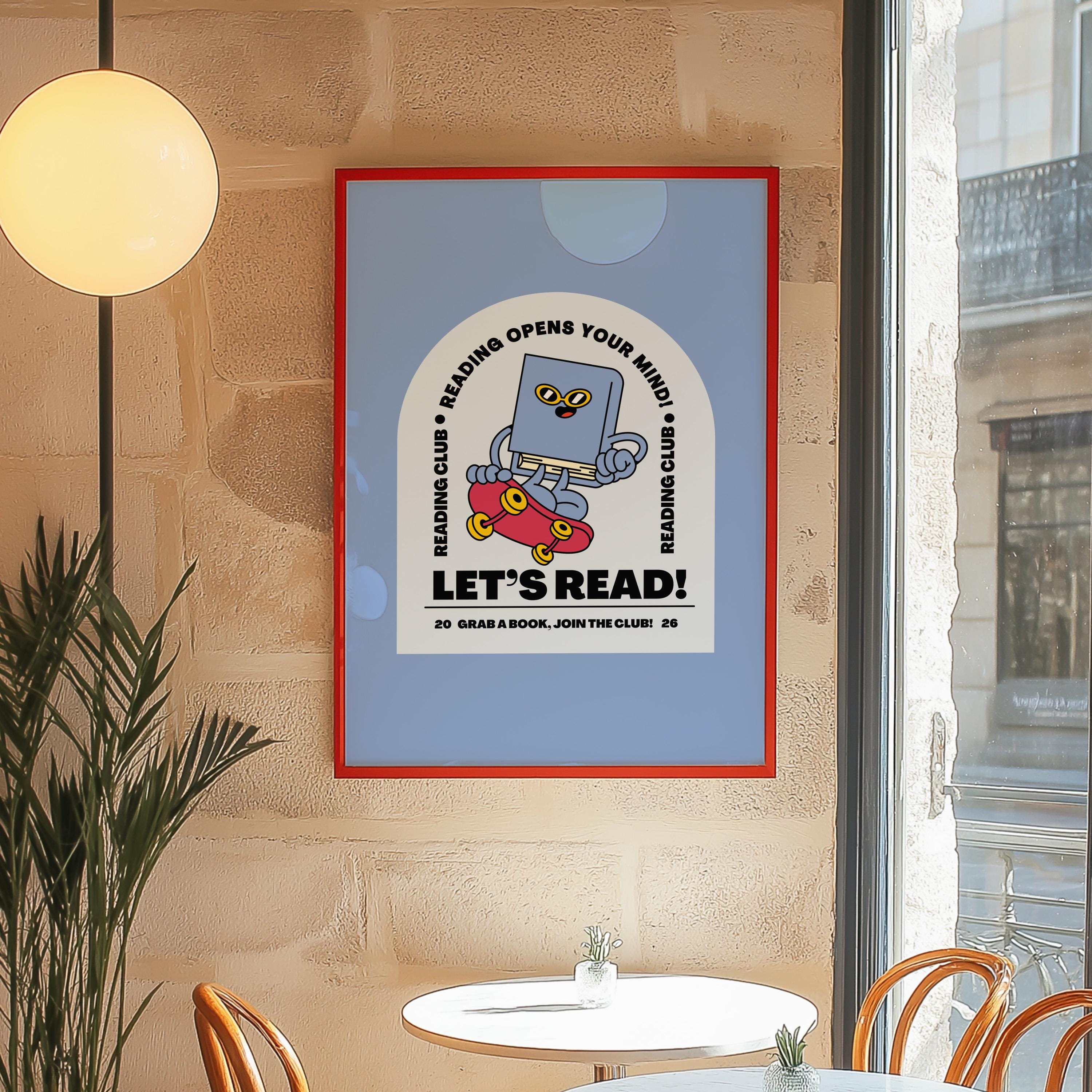 Book Club Art Print - Cute Retro Classroom Art, Funky Groovy Blue Poster, Book Cartoon, Retro Mascot Wall Decor for Kids