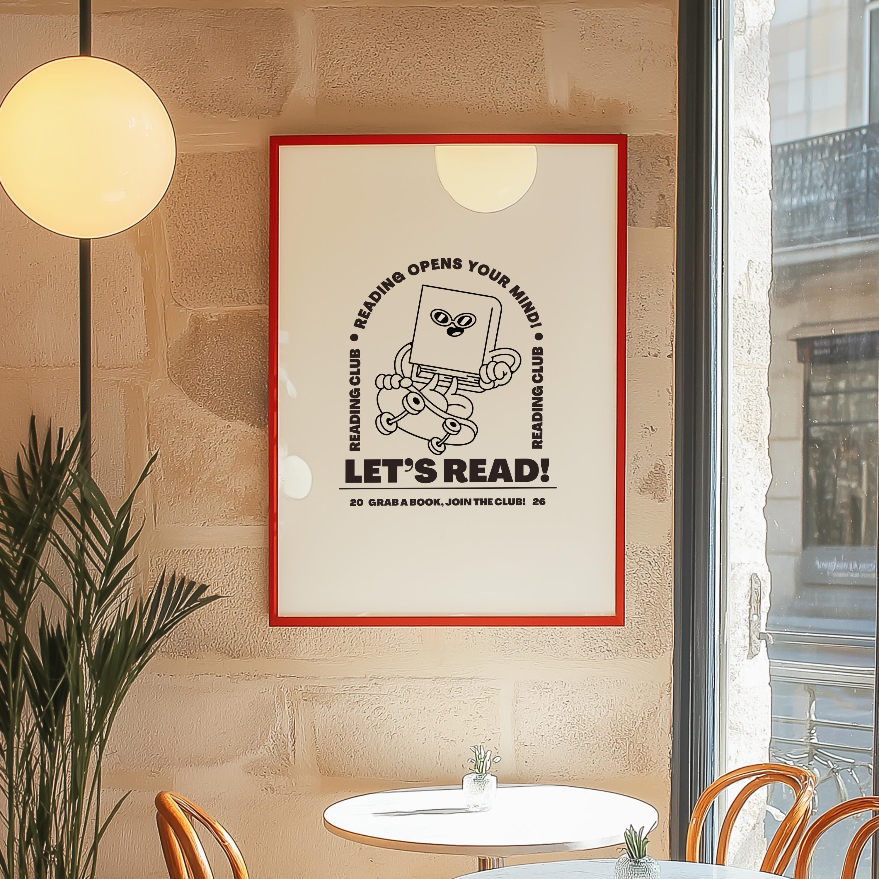 Book Club Art Print - Cute Retro Classroom Art, Funky Groovy Blue Poster, Book Cartoon, Retro Mascot Wall Decor for Kids