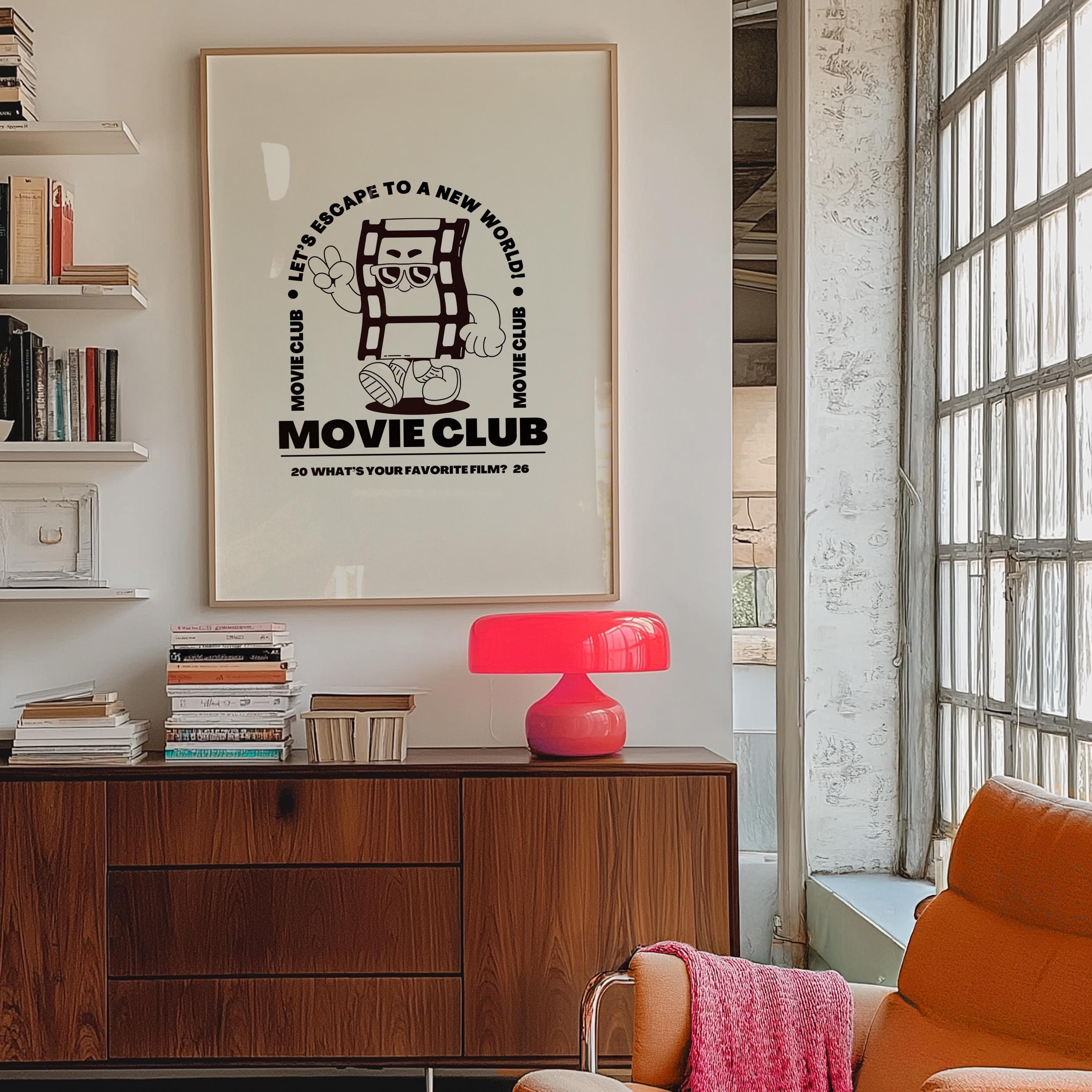 Movie Club Art Print, Cute Retro Print, Gift for Movie Lovers, Vintage Mascot Print, Movie Night Poster, Positive Art, Living Room Art