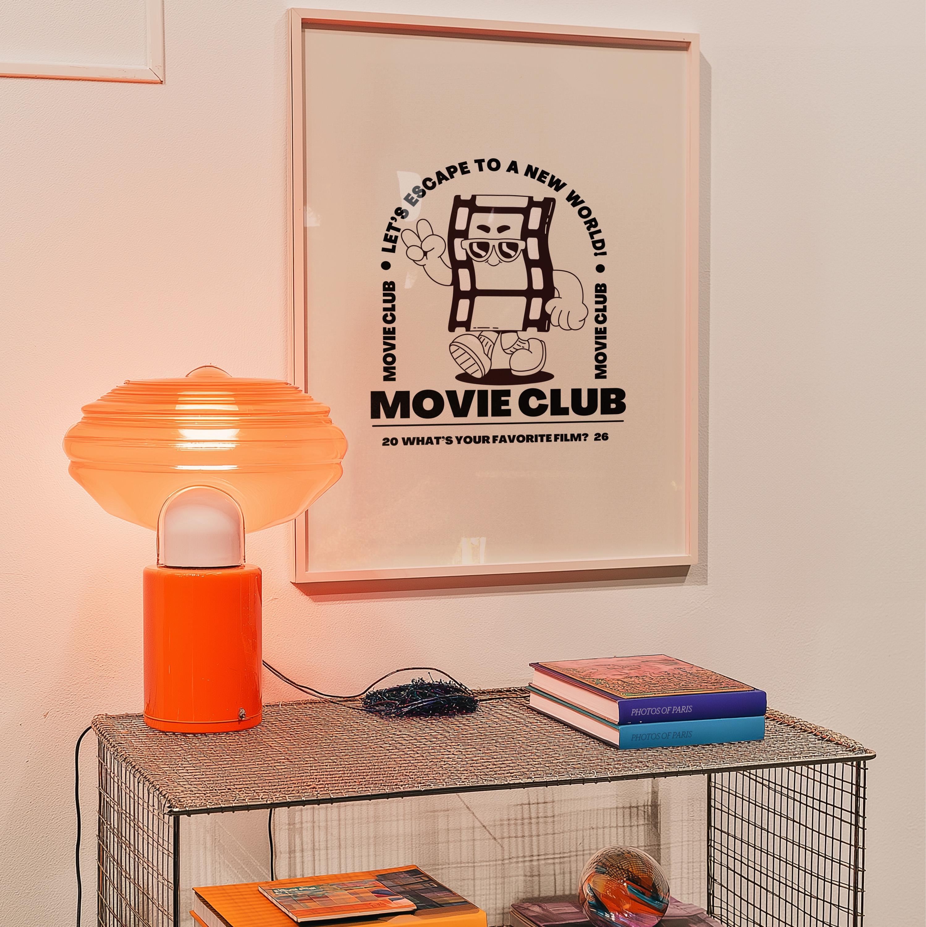 Movie Club Art Print, Cute Retro Print, Gift for Movie Lovers, Vintage Mascot Print, Movie Night Poster, Positive Art, Living Room Art