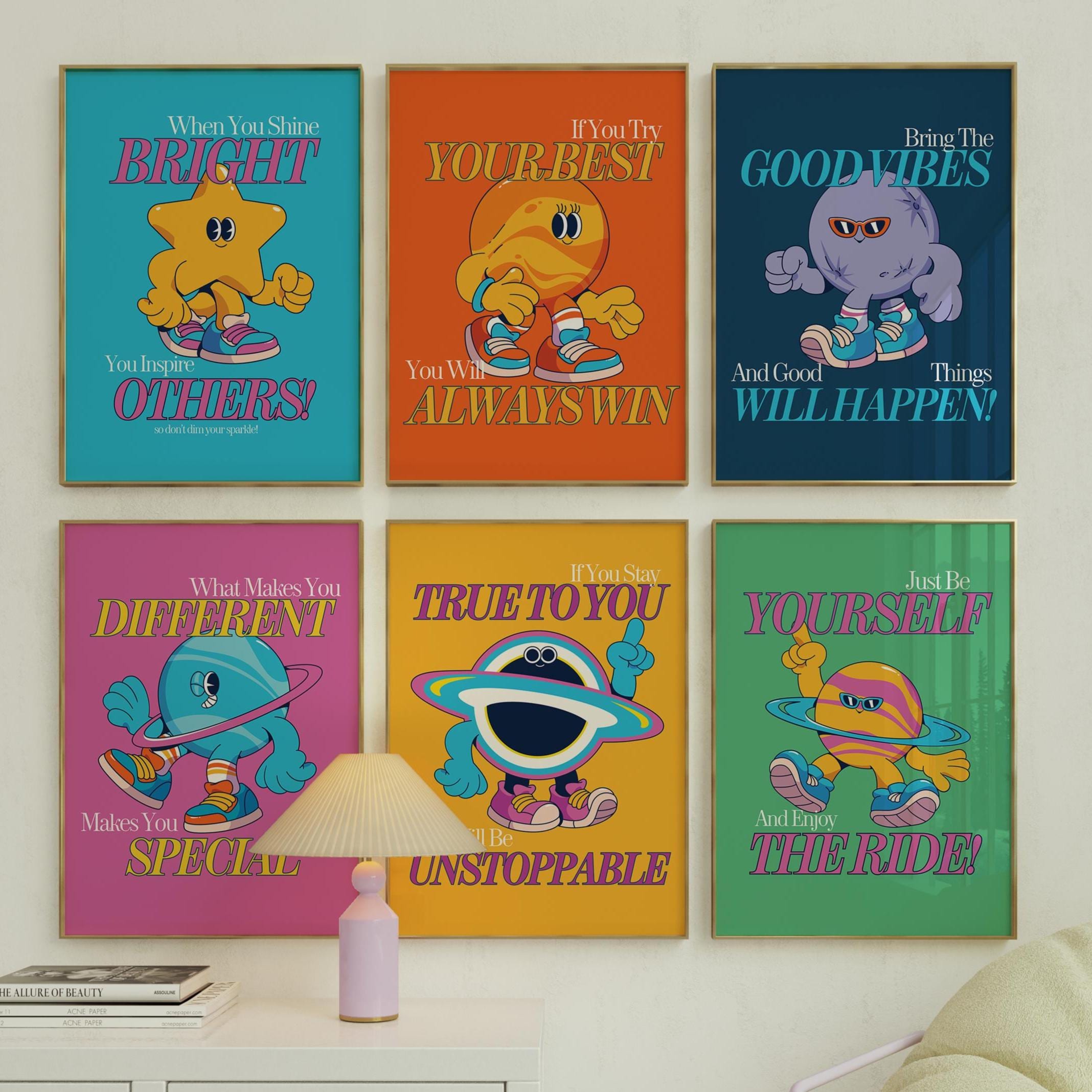 Bundle of 6 Kids Prints, Kids Room Wall Art Collection,  Classroom Decor, Playful Space Prints, Eclectic Classroom Wall Art, Outer space Art