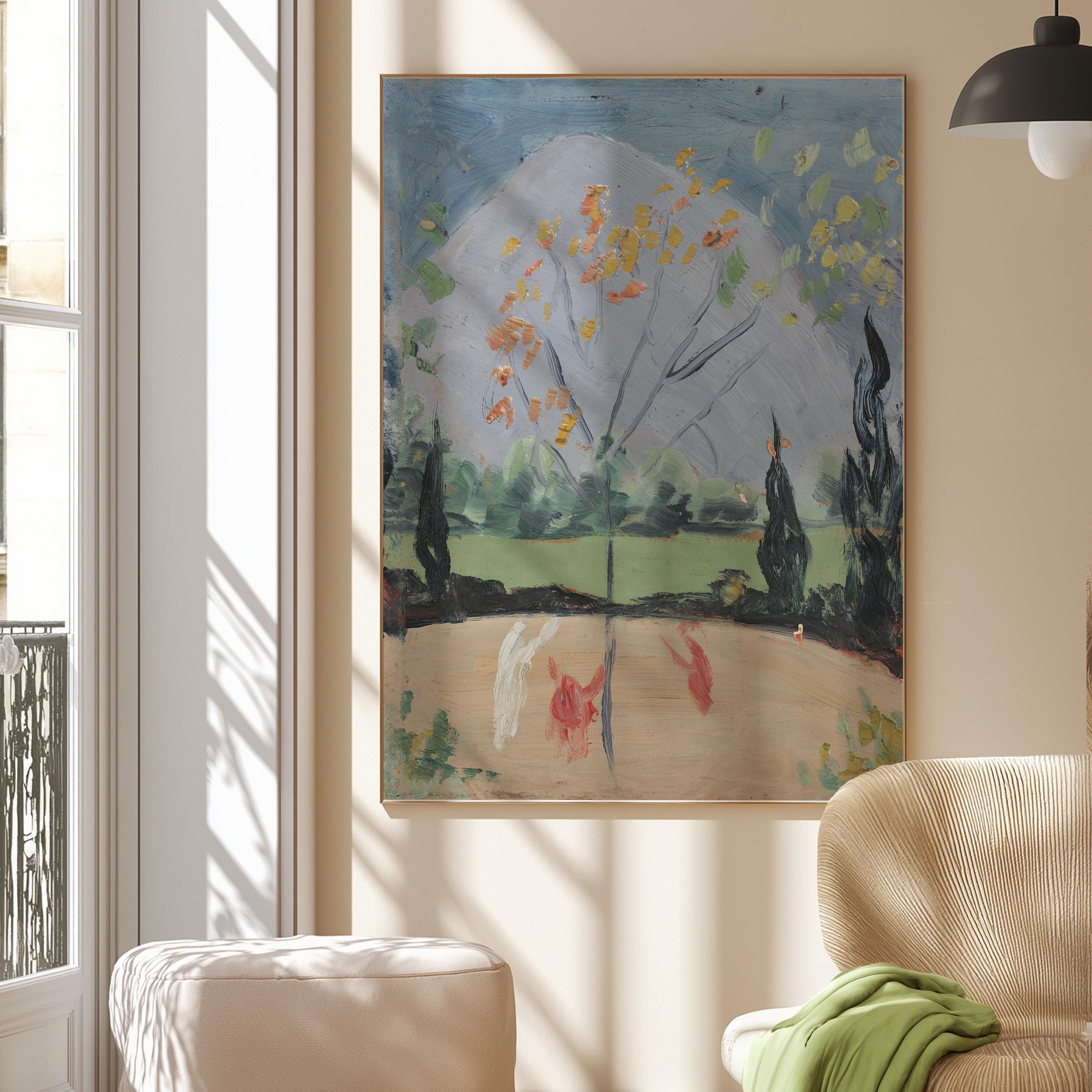 Nature Landscape Painting, Vintage Country Landscape Print, Yellow Floral Painting, Farmhouse Decor, Fruit Tree Painting, Printable Art