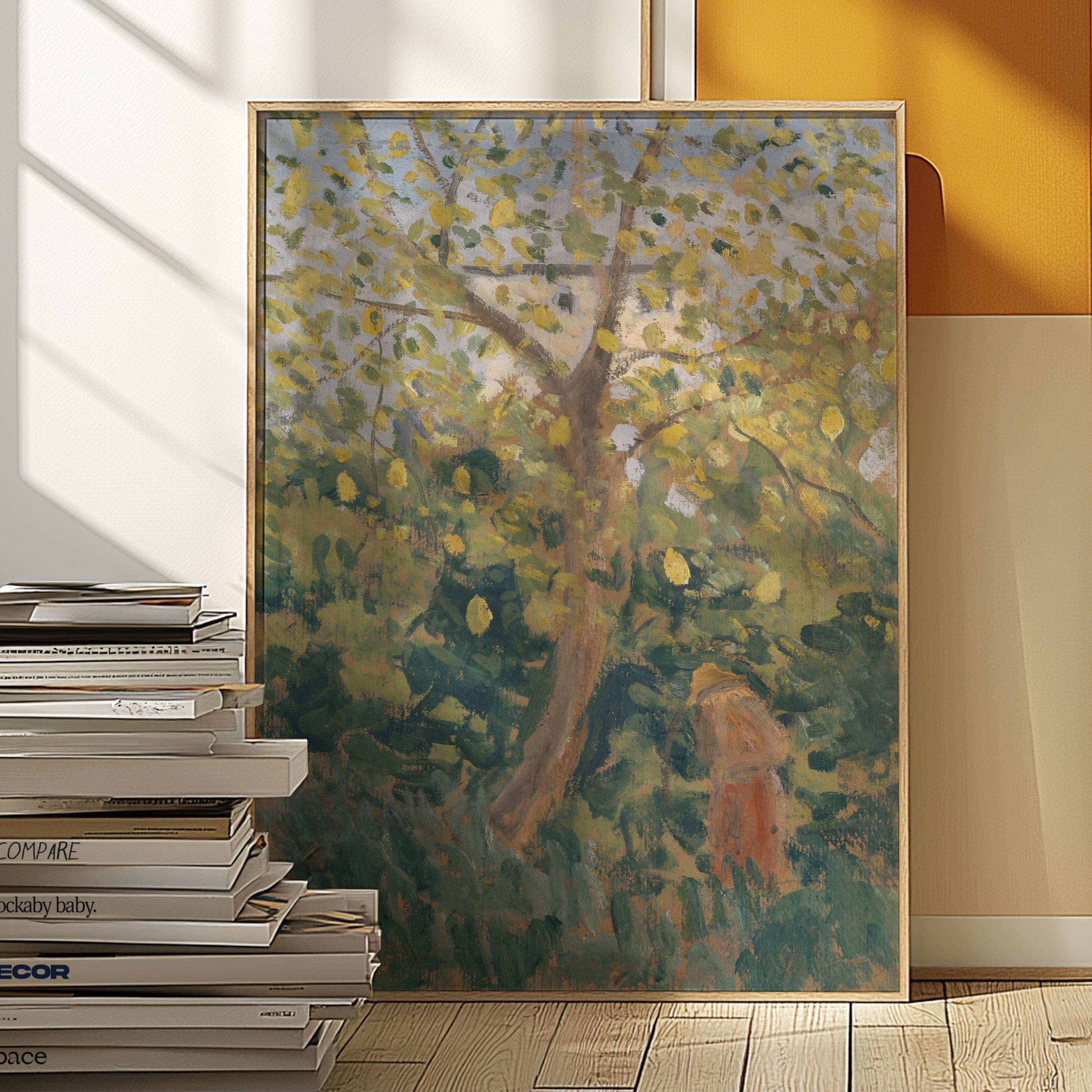 Nature Landscape Painting, Vintage Country Landscape Print, Yellow Floral Painting, Farmhouse Decor, Fruit Tree Painting, Printable Art