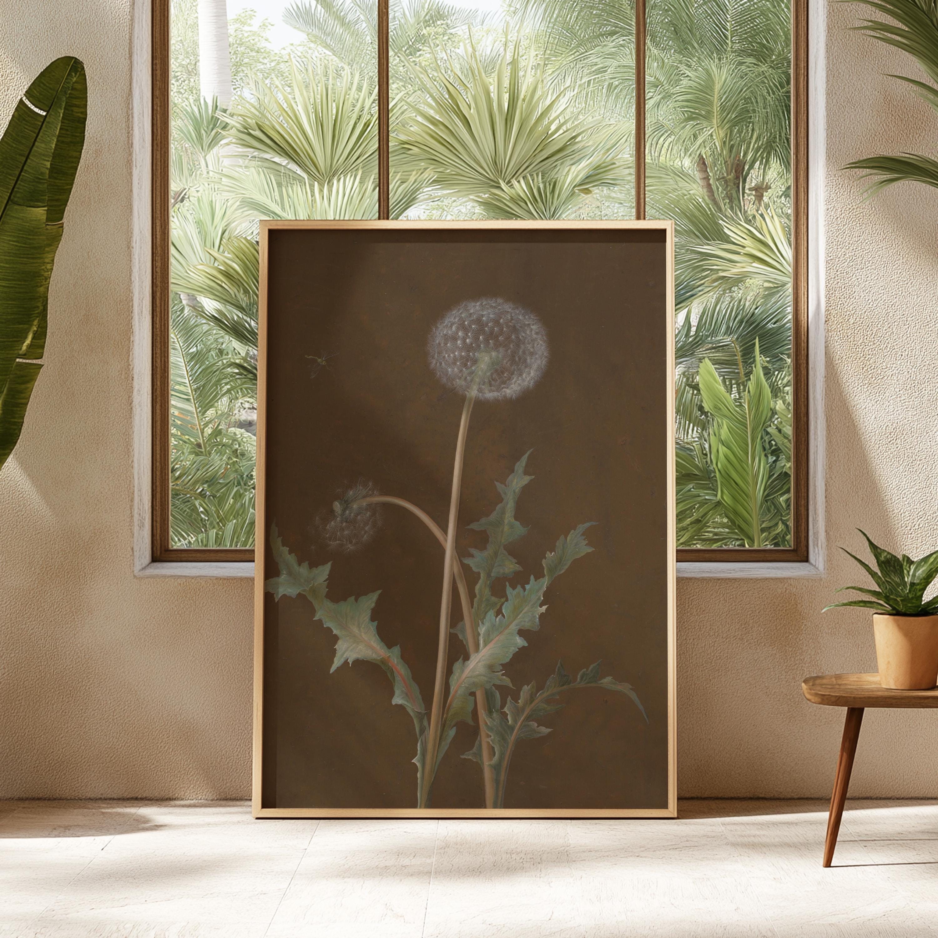 Dark Botanical Print, Vintage Moody Dandelion Art, Victorian Dark Academia Decor, Dark Floral Cottagecore Wall Art, Digital Download