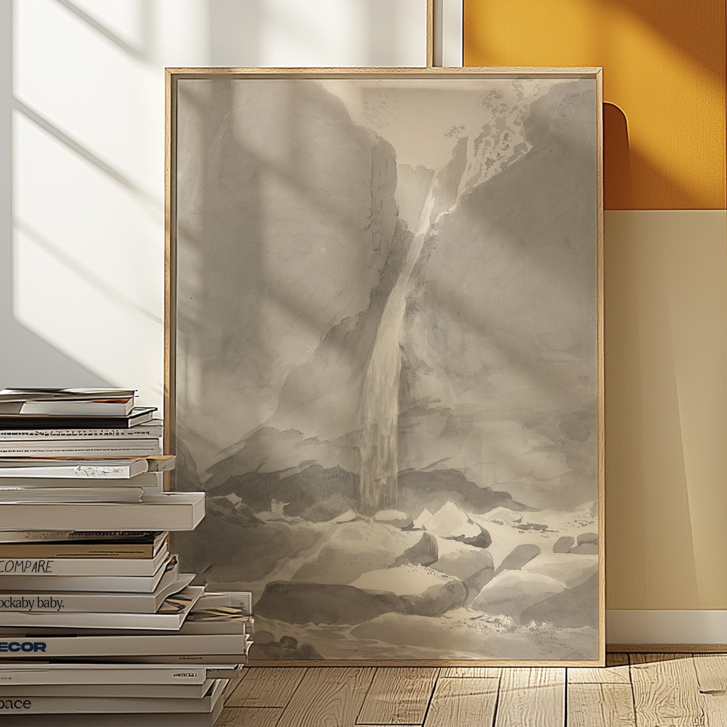 Classical Art Print, Vintage Art Print, Printable Wall Art, Digital Download, Waterfall art Print, Black and Grey Sketch Art, European Art