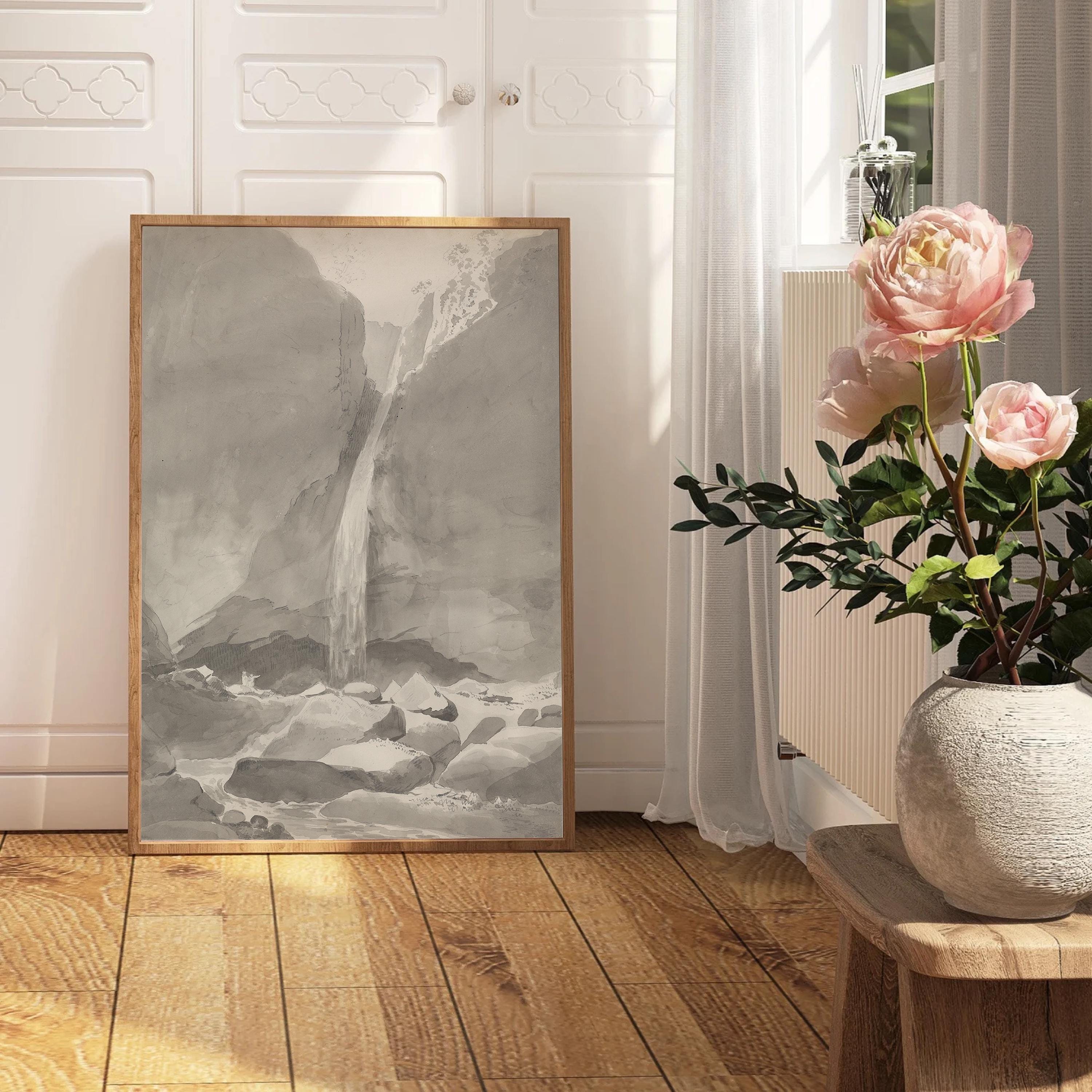 Classical Art Print, Vintage Art Print, Printable Wall Art, Digital Download, Waterfall art Print, Black and Grey Sketch Art, European Art