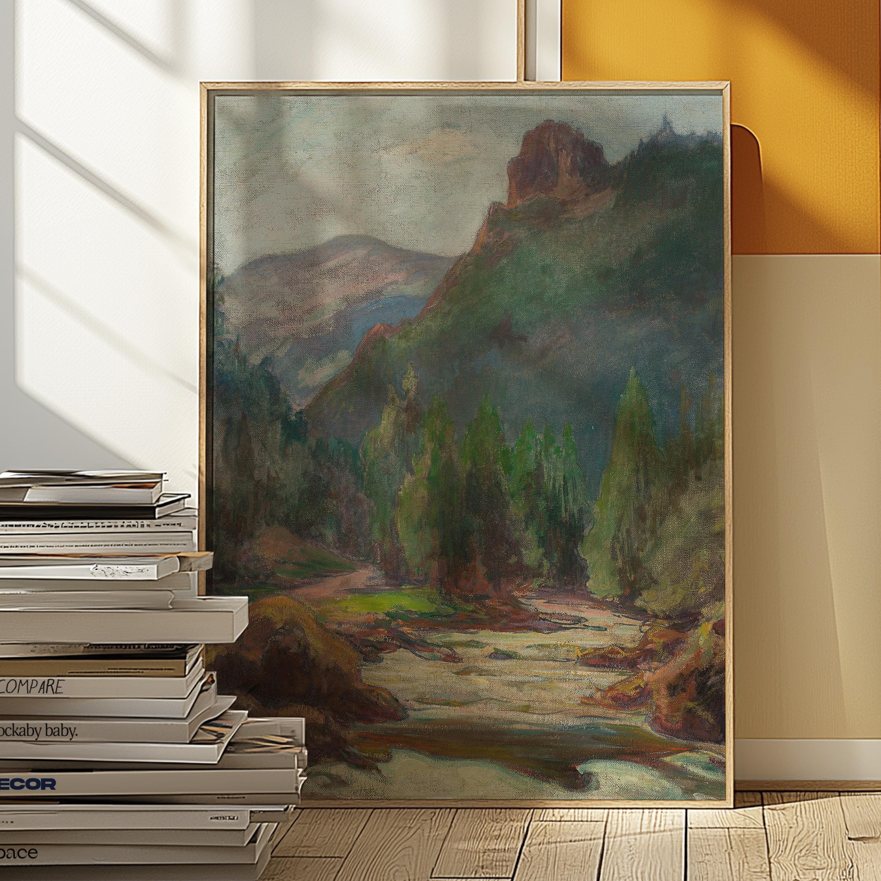 Nature Landscape Painting, Vintage Country Landscape Print, Mountain Landscape Painting, Farmhouse Decor, Nature Painting, Printable Art