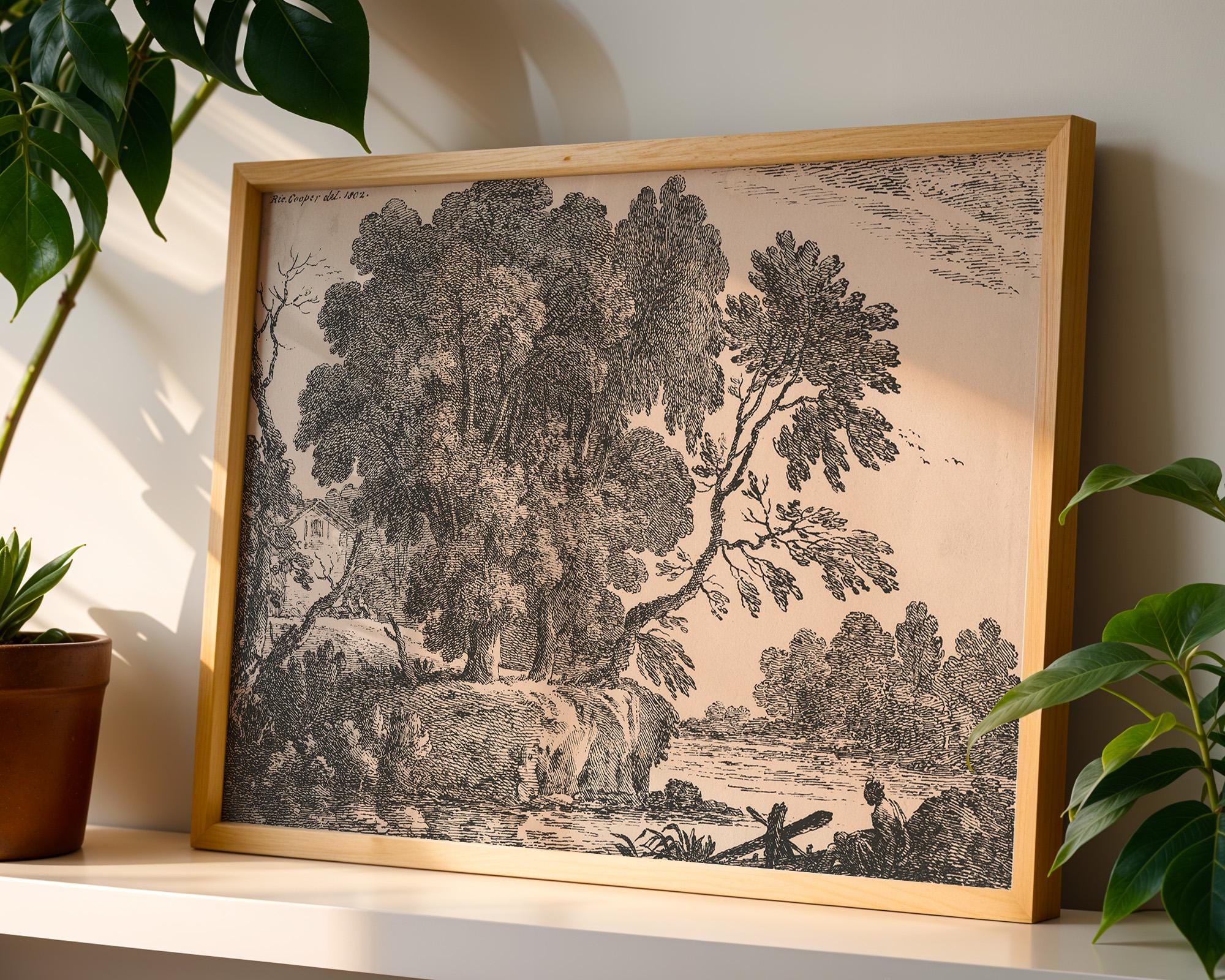Vintage Art Print, Printable Wall Art, Digital Download, Landscape Oak Tree, Black and Grey Sketch Art, Neutral Wall Art, Large Art