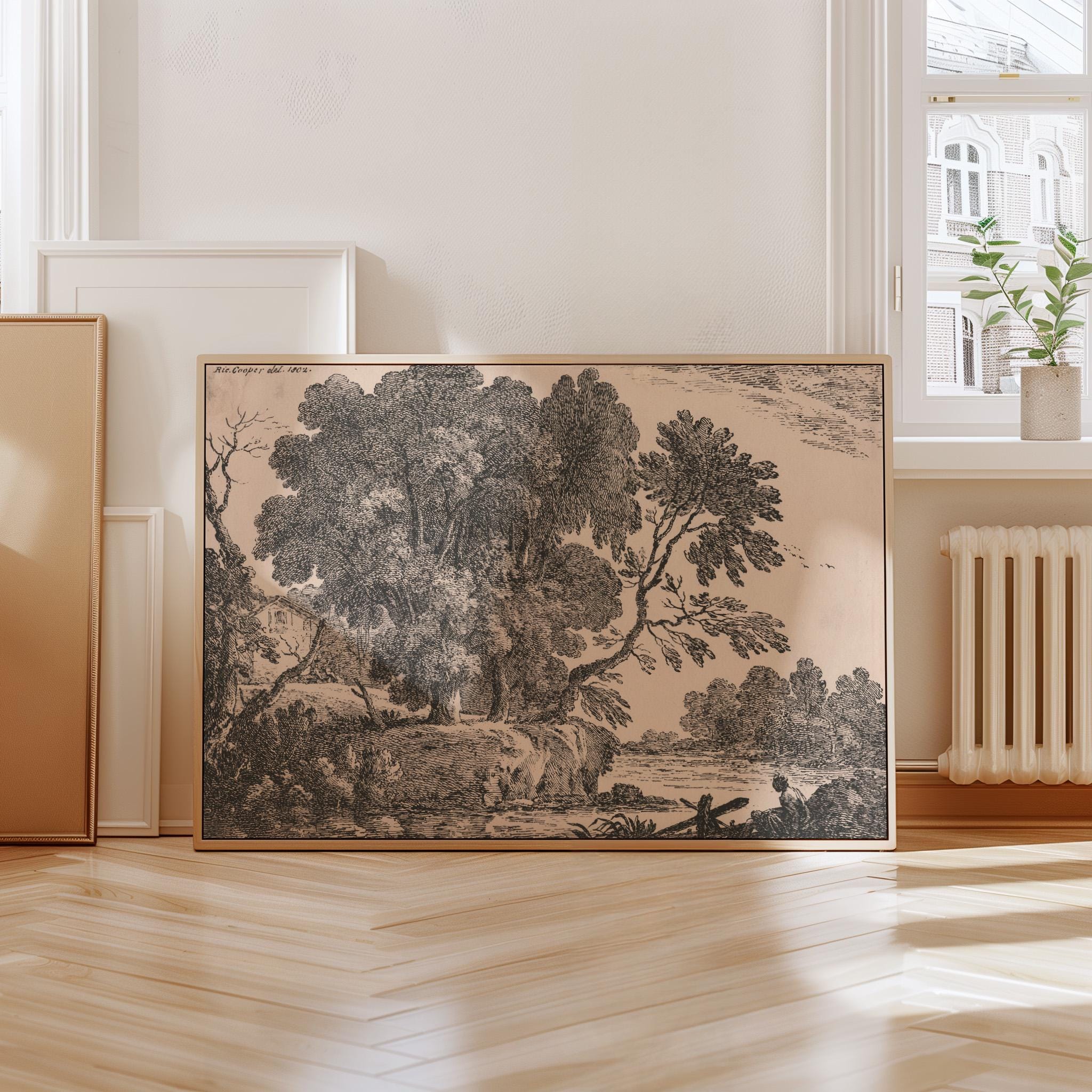 Vintage Art Print, Printable Wall Art, Digital Download, Landscape Oak Tree, Black and Grey Sketch Art, Neutral Wall Art, Large Art
