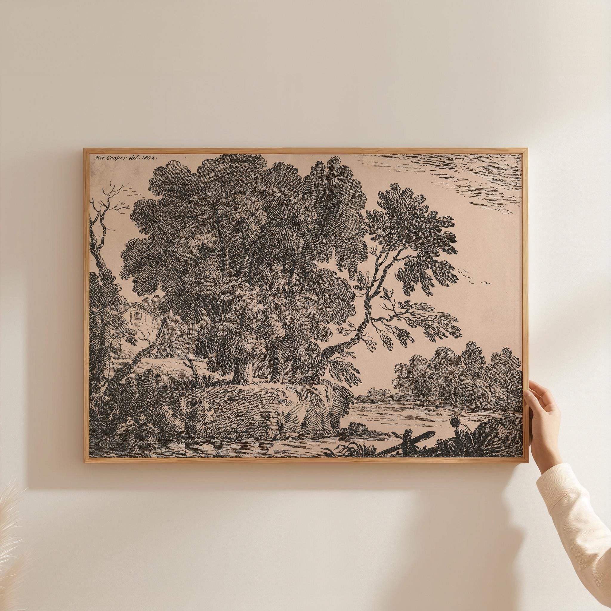 Vintage Art Print, Printable Wall Art, Digital Download, Landscape Oak Tree, Black and Grey Sketch Art, Neutral Wall Art, Large Art