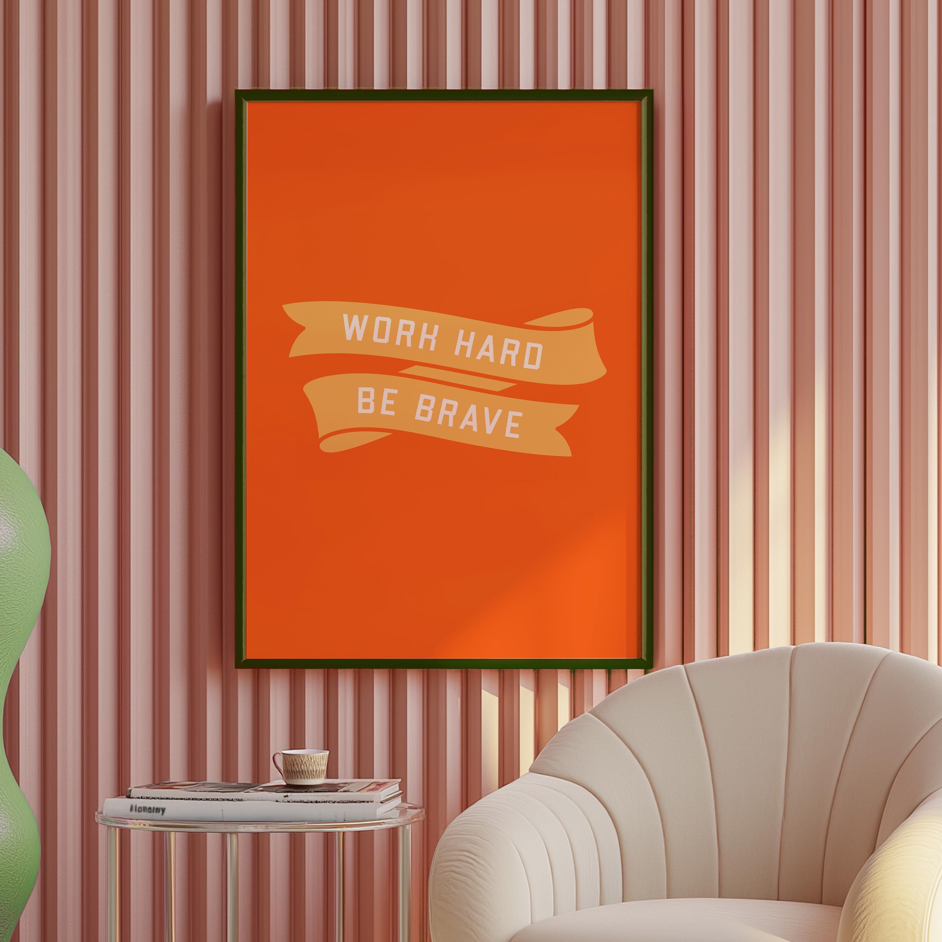 Inspo Art, Work Hard Print, Wall Art Prints, Retro Typography Poster, Inspiration Art, Digital Art Prints, Art For Kids Room, Orange Art
