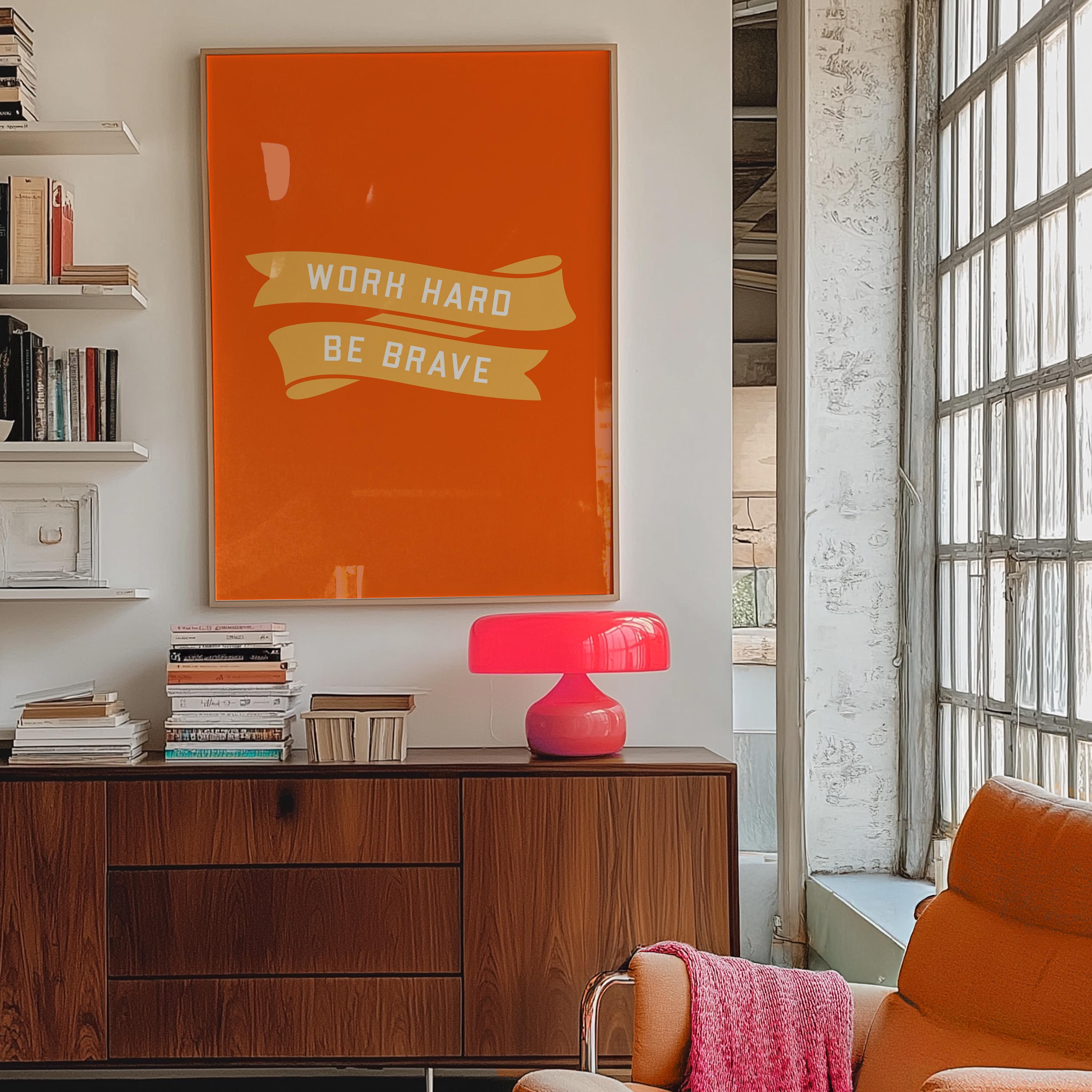 Inspo Art, Work Hard Print, Wall Art Prints, Retro Typography Poster, Inspiration Art, Digital Art Prints, Art For Kids Room, Orange Art