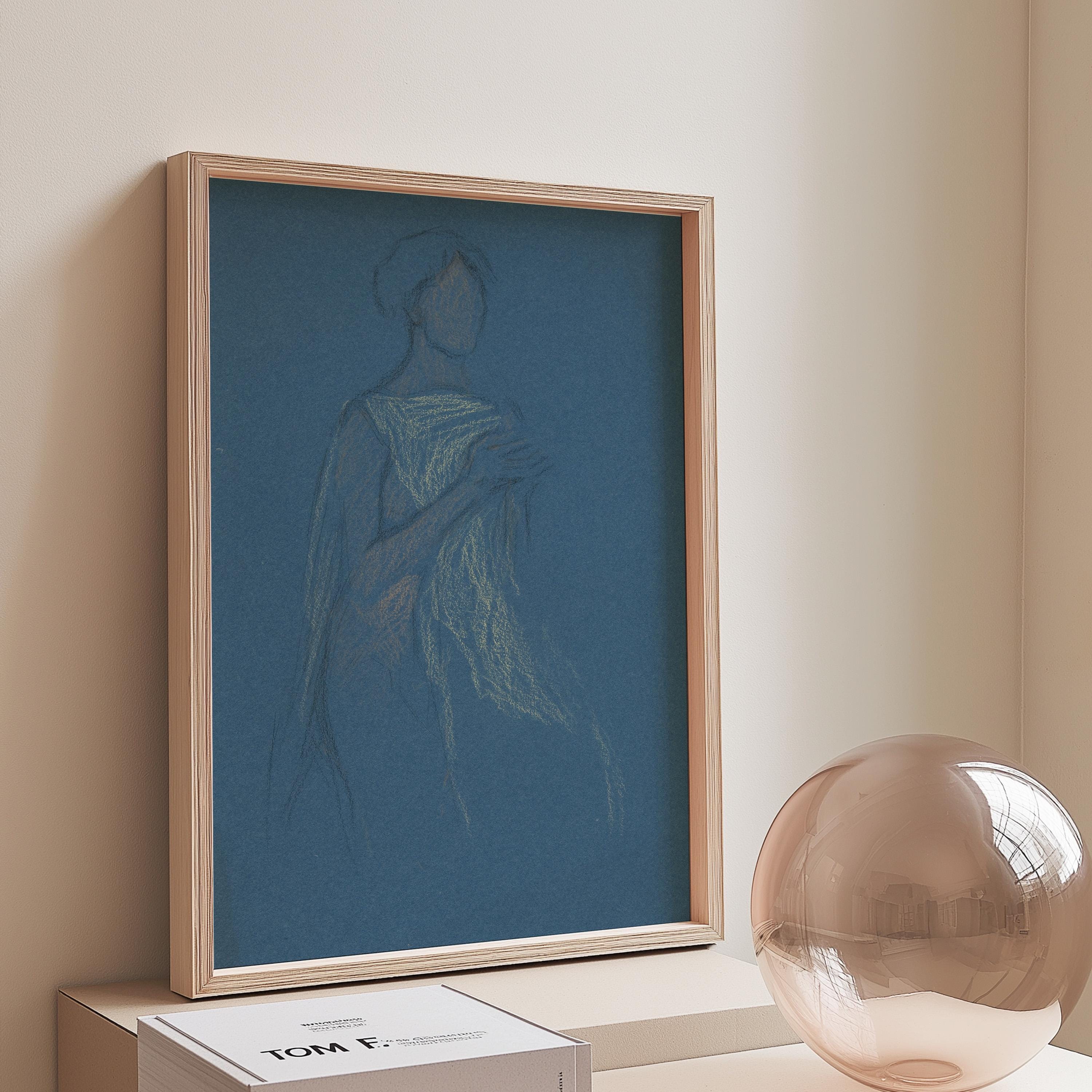Abstract Portrait Wall Art, Vintage Drawing, Blue Living Room Decor, Downloadable Print, Large Wall Art, Vintage Art Print