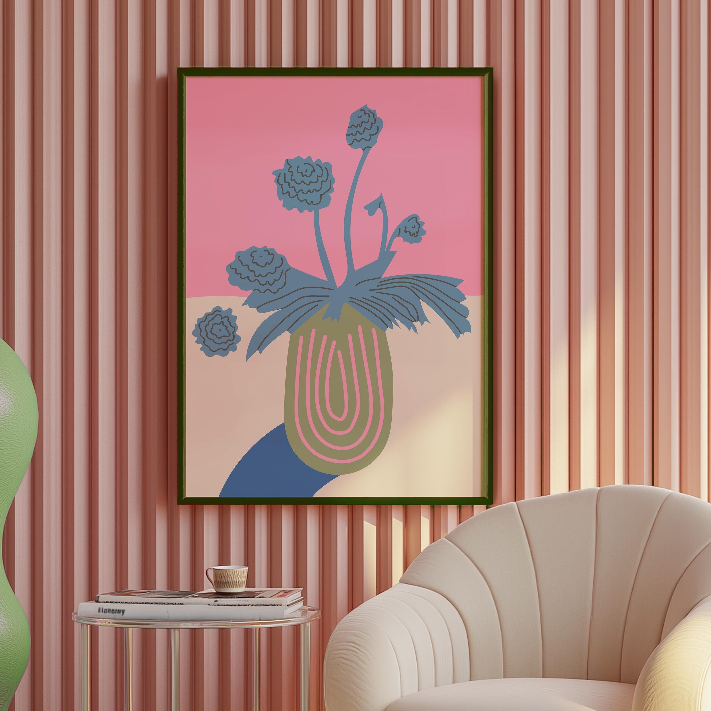 Abstract Flower Poster, Retro Flowers Print, Colourful Abstract Wall Art, Matisse Green & Pink Flower Print, Boho Flowers Art Print