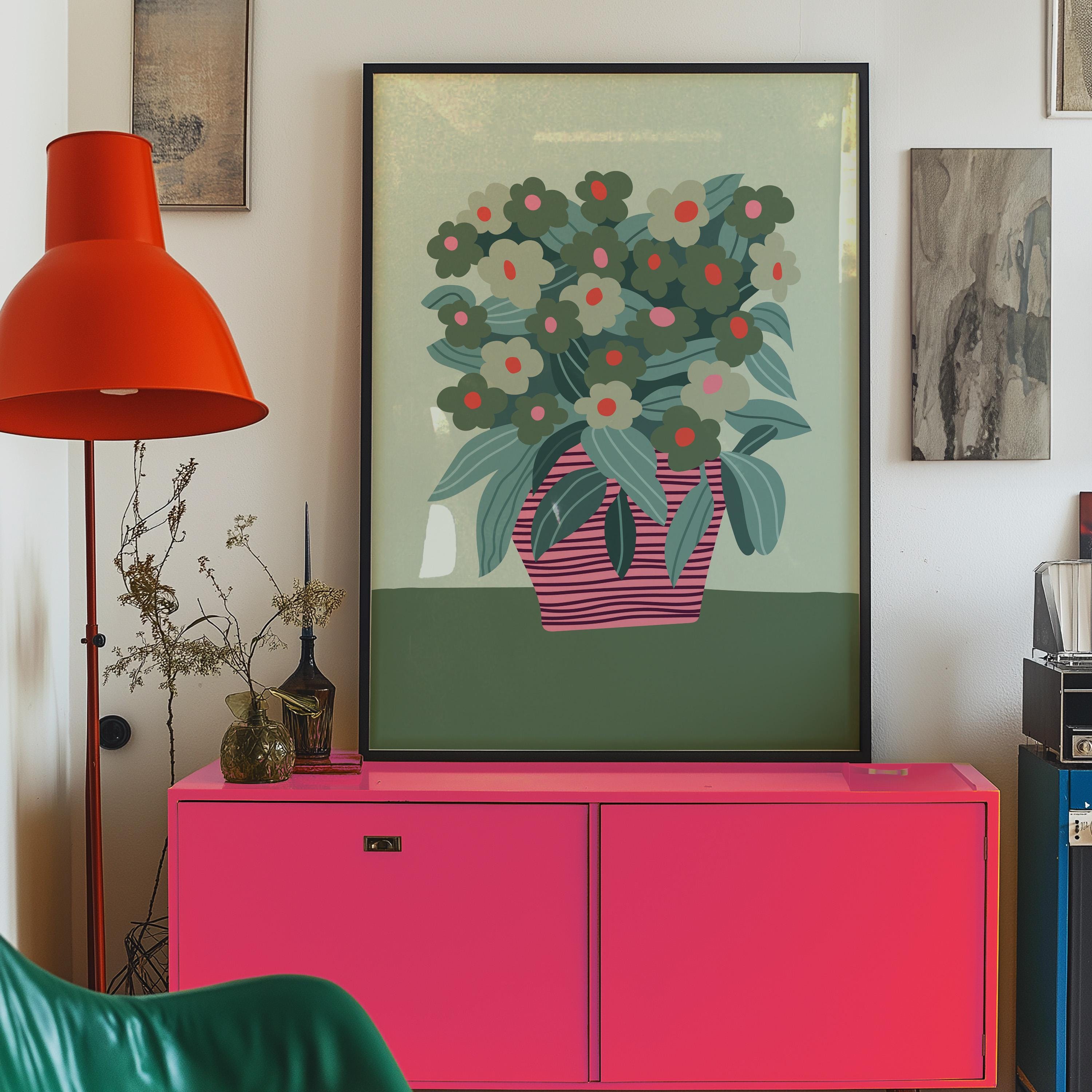 Abstract Flower Poster, Retro Flowers Print, Colourful Abstract Wall Art, Matisse Green & Pink Flower Print, Boho Flowers Art Print