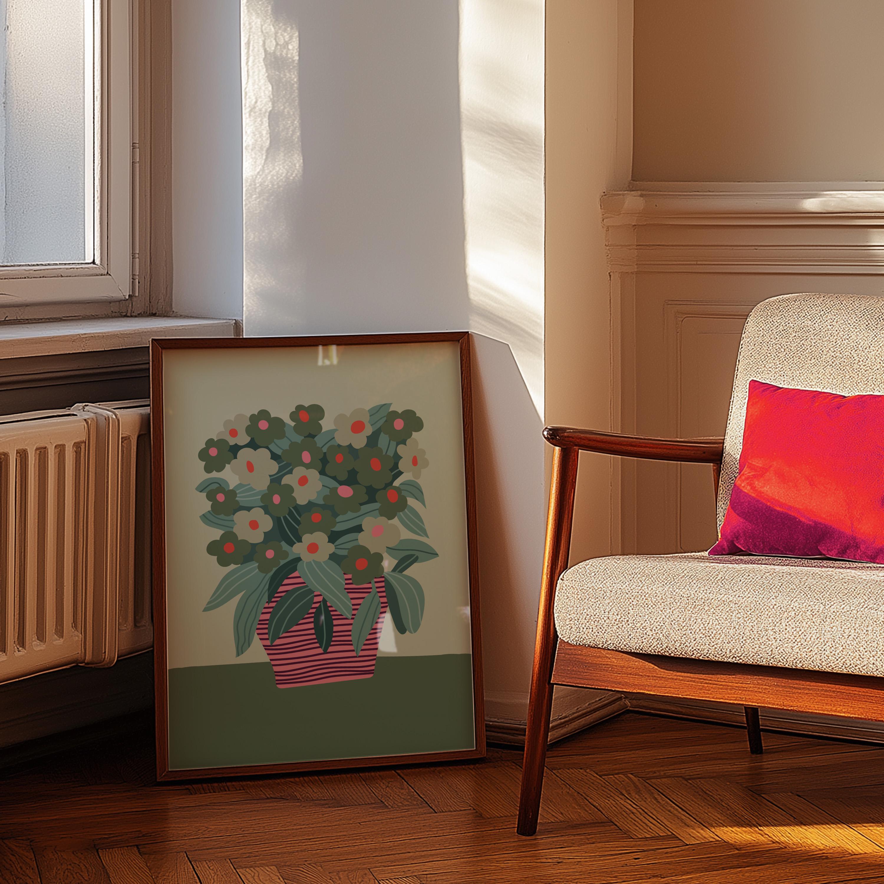 Abstract Flower Poster, Retro Flowers Print, Colourful Abstract Wall Art, Matisse Green & Pink Flower Print, Boho Flowers Art Print