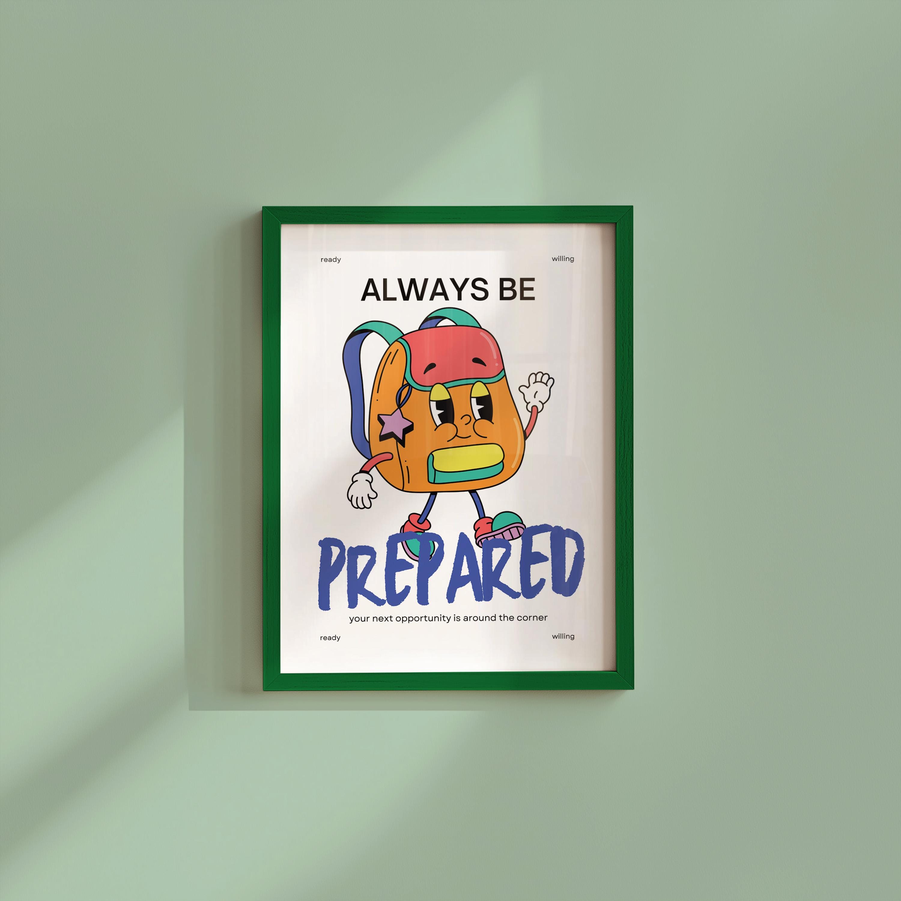 Be Prepared Art, Backpack Cartoon, Classroom Art, Cute Retro Print, Retro Mascot Print, Groovy Minimal Retro Poster, School Posters
