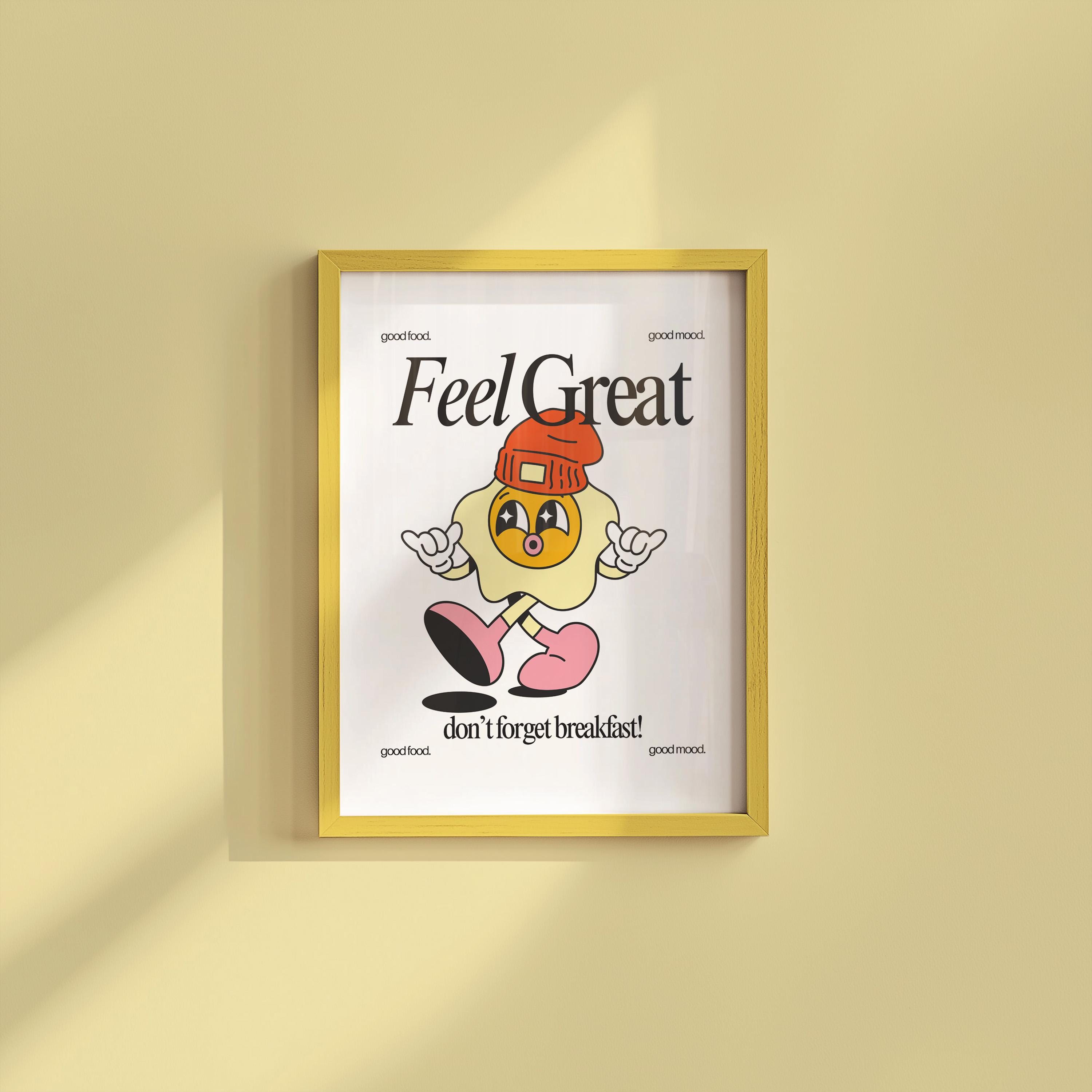 Feel Great Art, Egg Cartoon, Classroom Art, Cute Retro Print, Retro Mascot Print, Groovy Minimal Retro Poster, Be Kind Art, health print