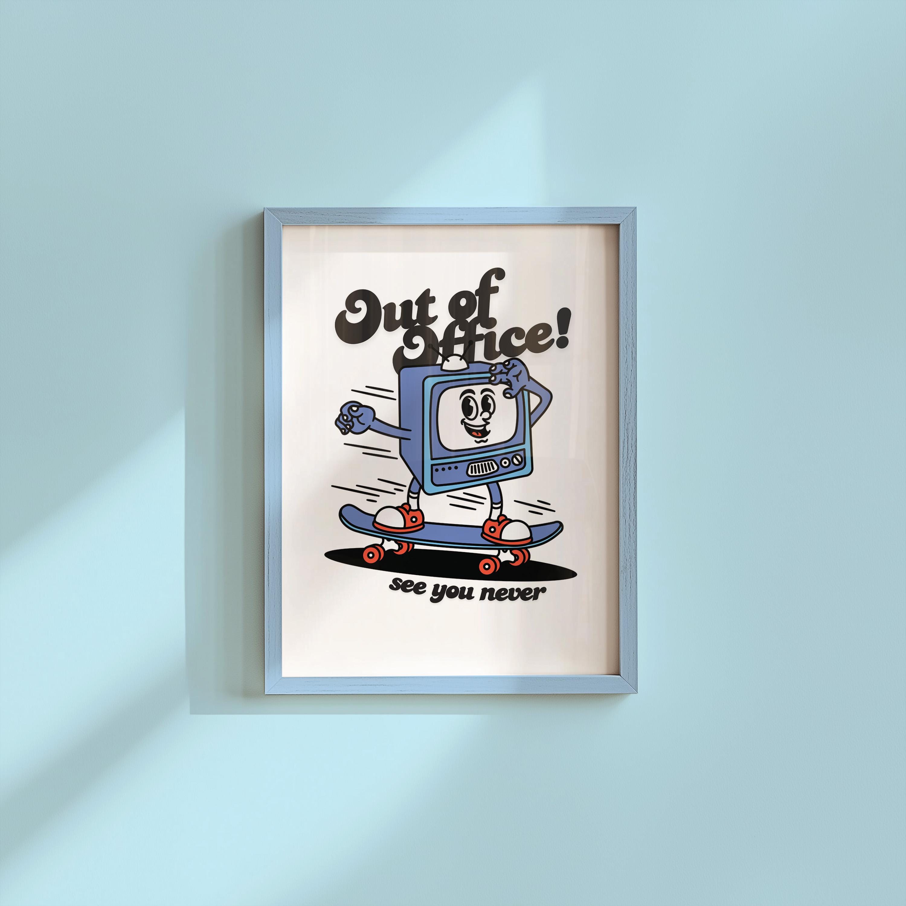 Digital Prints, Retro Art Decor, Cute Cartoon Art, TV Cartoon Art, Skateboarding Art Print, Out of Office Art, Out of Office Poster