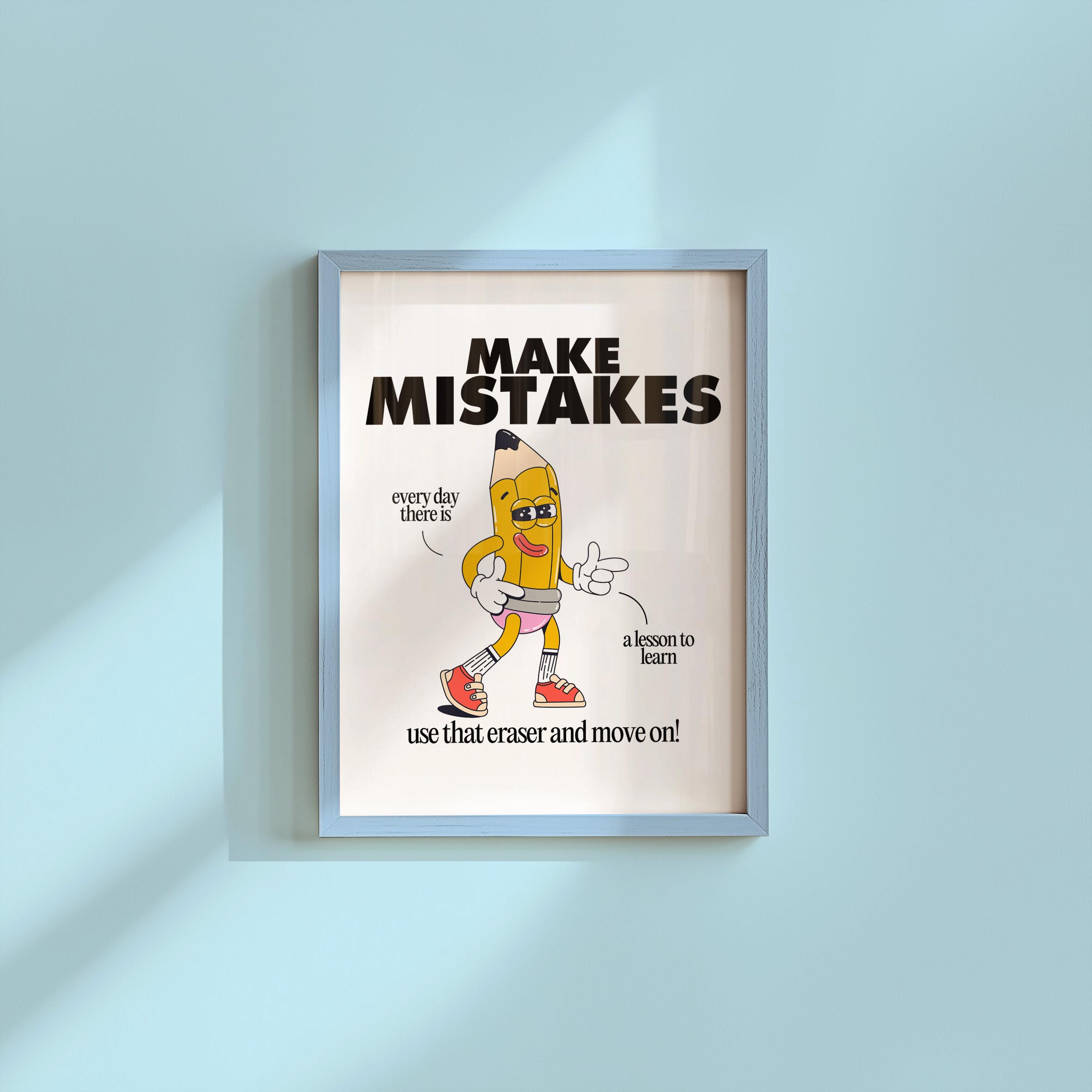 Classroom Art, Kids Room Art, Digital Print, Cartoon Art Print, Make Mistakes Art, Vintage Mascot Art, Cute Positive Art, Classroom Decor