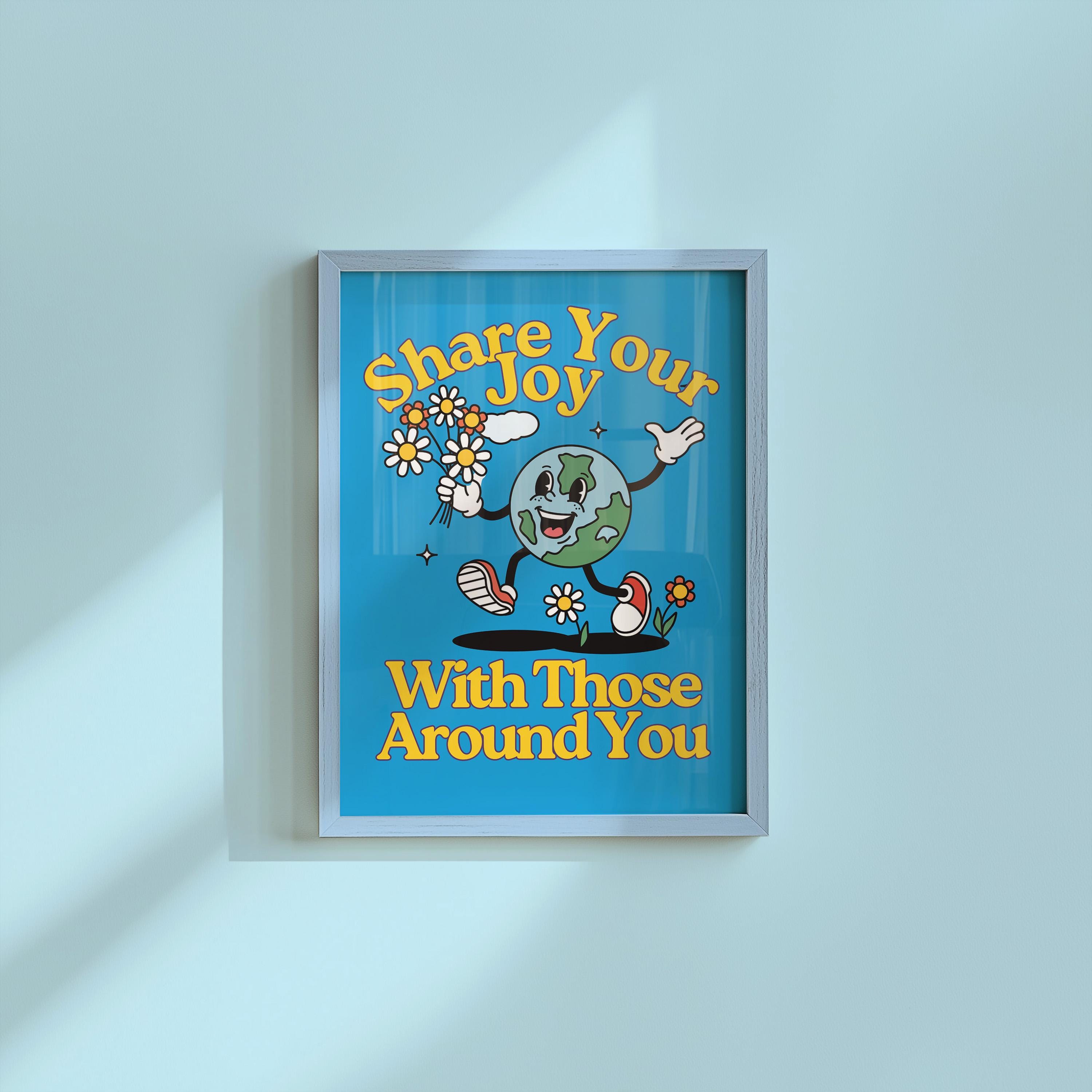 Kids Room Art Print - Cute Positive Cartoon Vintage Mascot, Downloadable Earth Poster for Classroom & Nursery Decor
