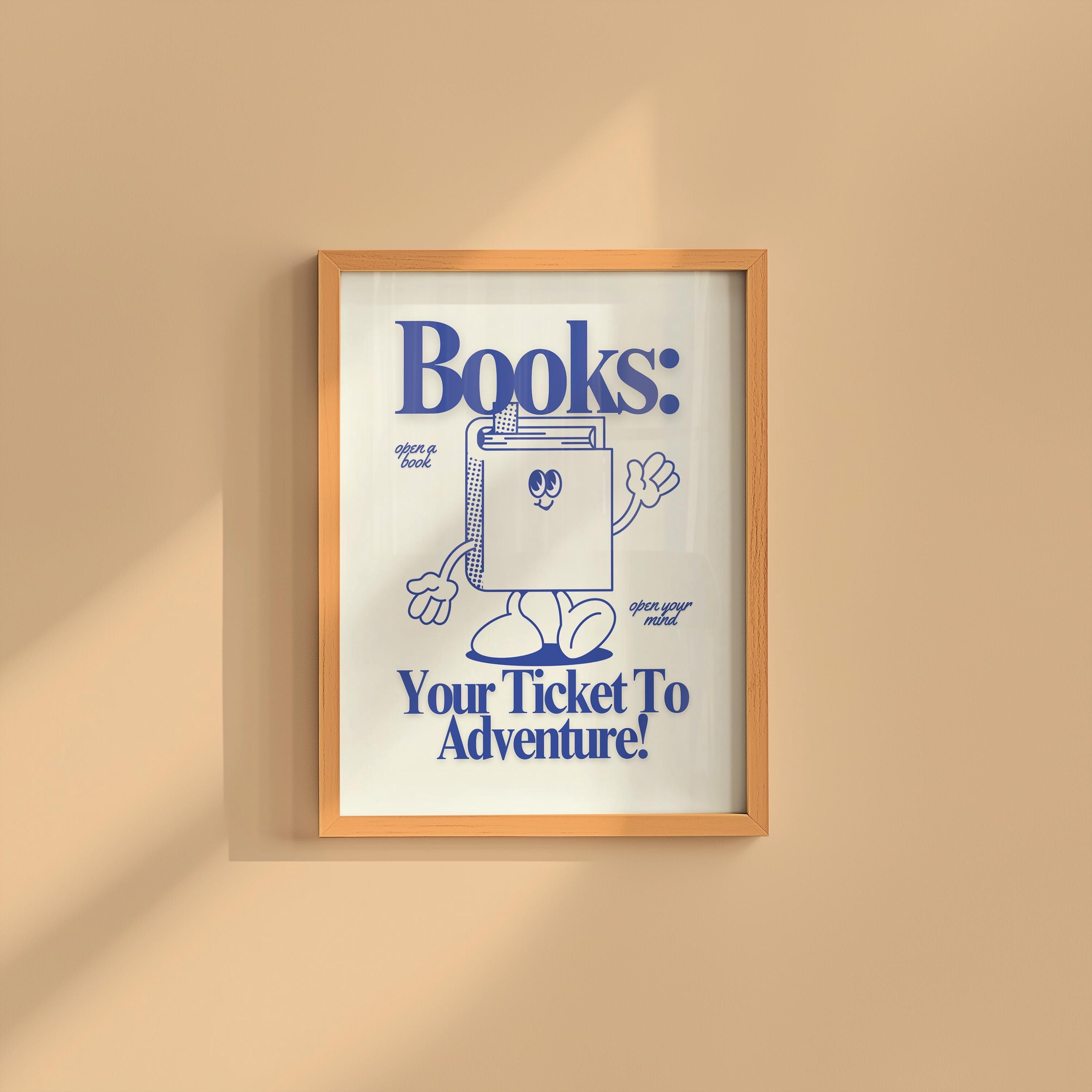 Reading Art Print - Cute Retro Classroom Art, Funky Groovy Blue Poster, Book Cartoon, Retro Mascot Wall Decor for Kids