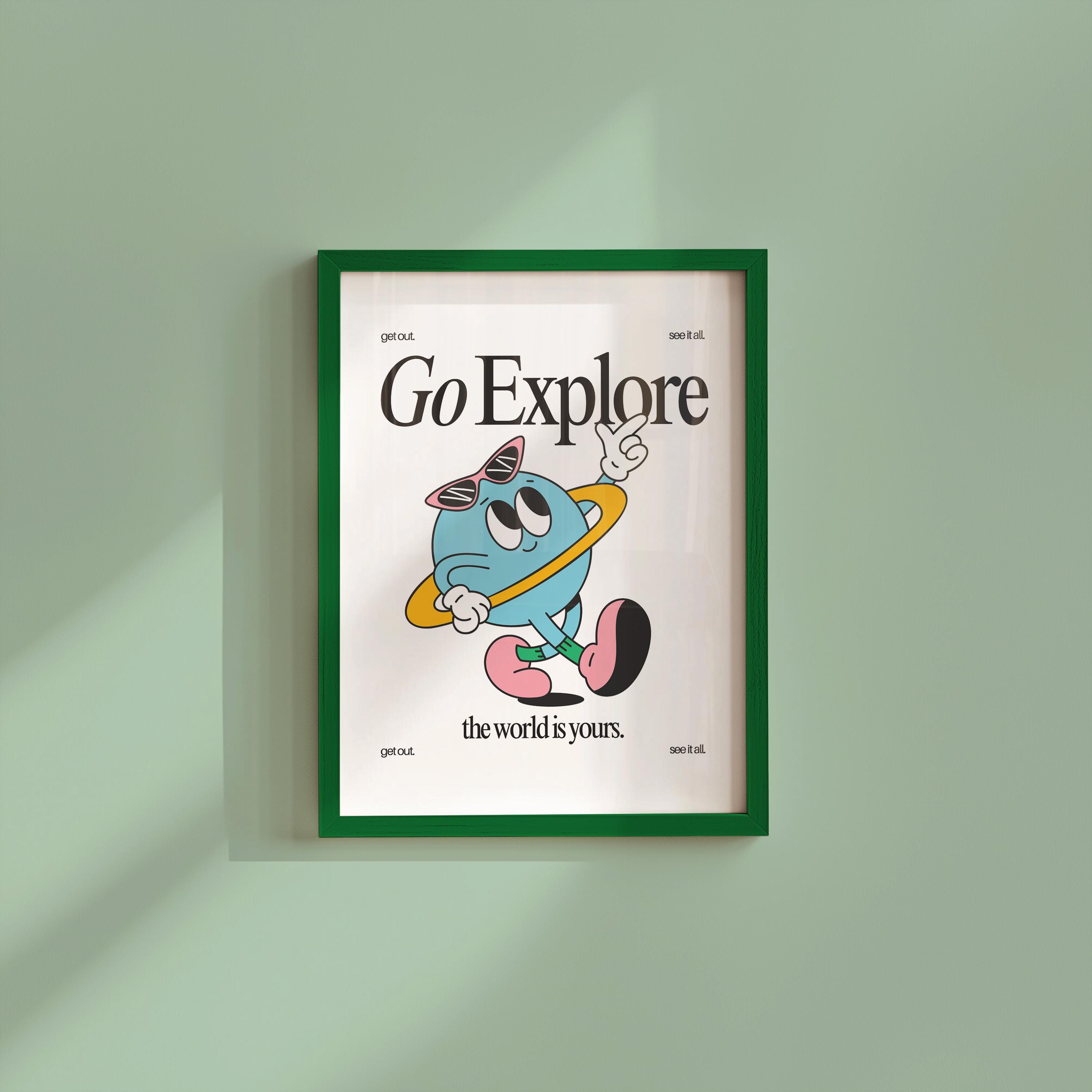Go Explore Art, Classroom Art, Cute Retro Print, Planet Cartoon, Retro Mascot Print, Funky Groovy Minimal Retro Poster