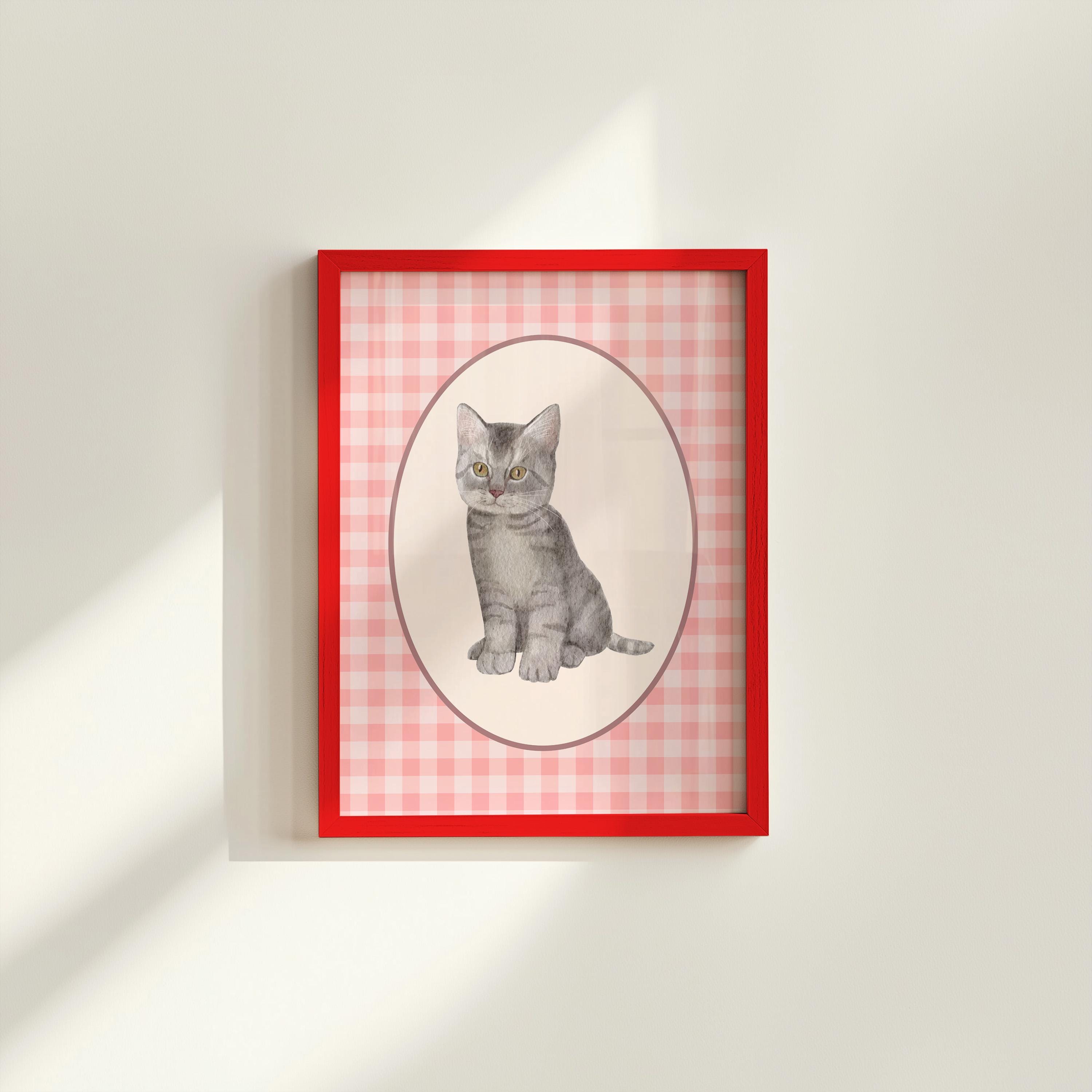 Cute Cat Print, Minimalist Decor, Cat Owner Gift, Kitten Poster, Trendy Cat Wall Art, Pink Checker Art, Digital Download, GS Print Shoppe