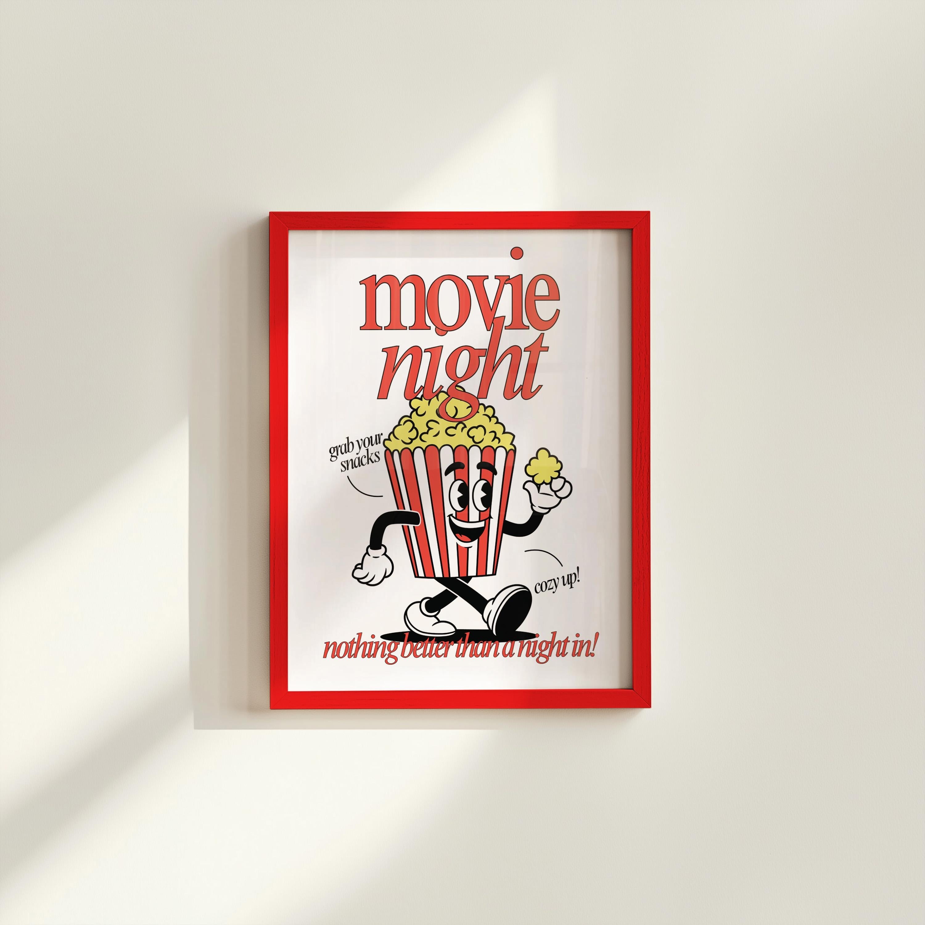 Retro Popcorn Art Print, Cute Retro Print, Gift for Movie Lovers, Vintage Mascot Print, Movie Night Poster, Positive Art, Living Room Art