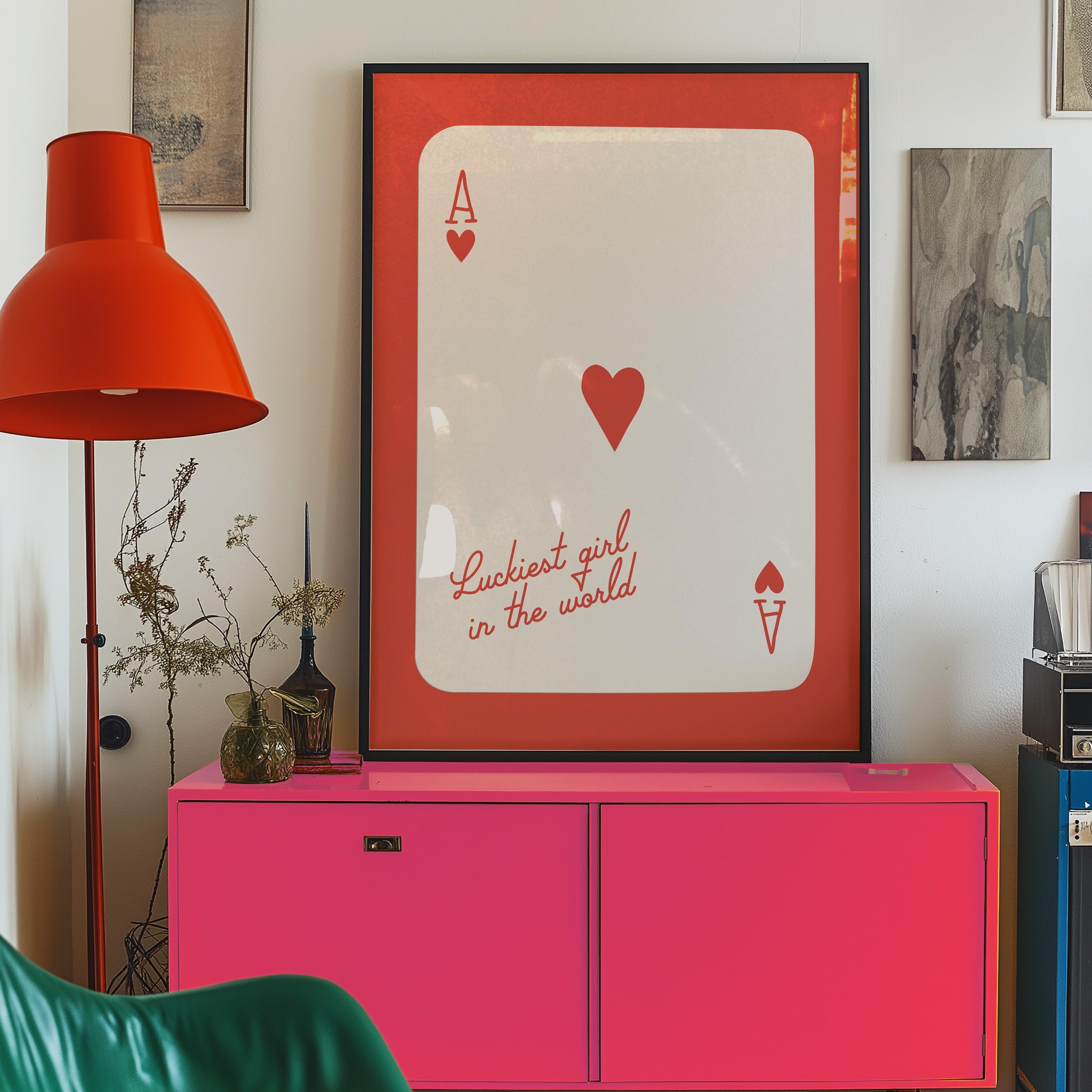 Ace of Hearts, Lucky Girl Quote, Retro Card Posters, Lucky Girl Syndrome Art, Trendy Wall Art, Aesthetic Print, Dorm Art, Ace of Hearts Art