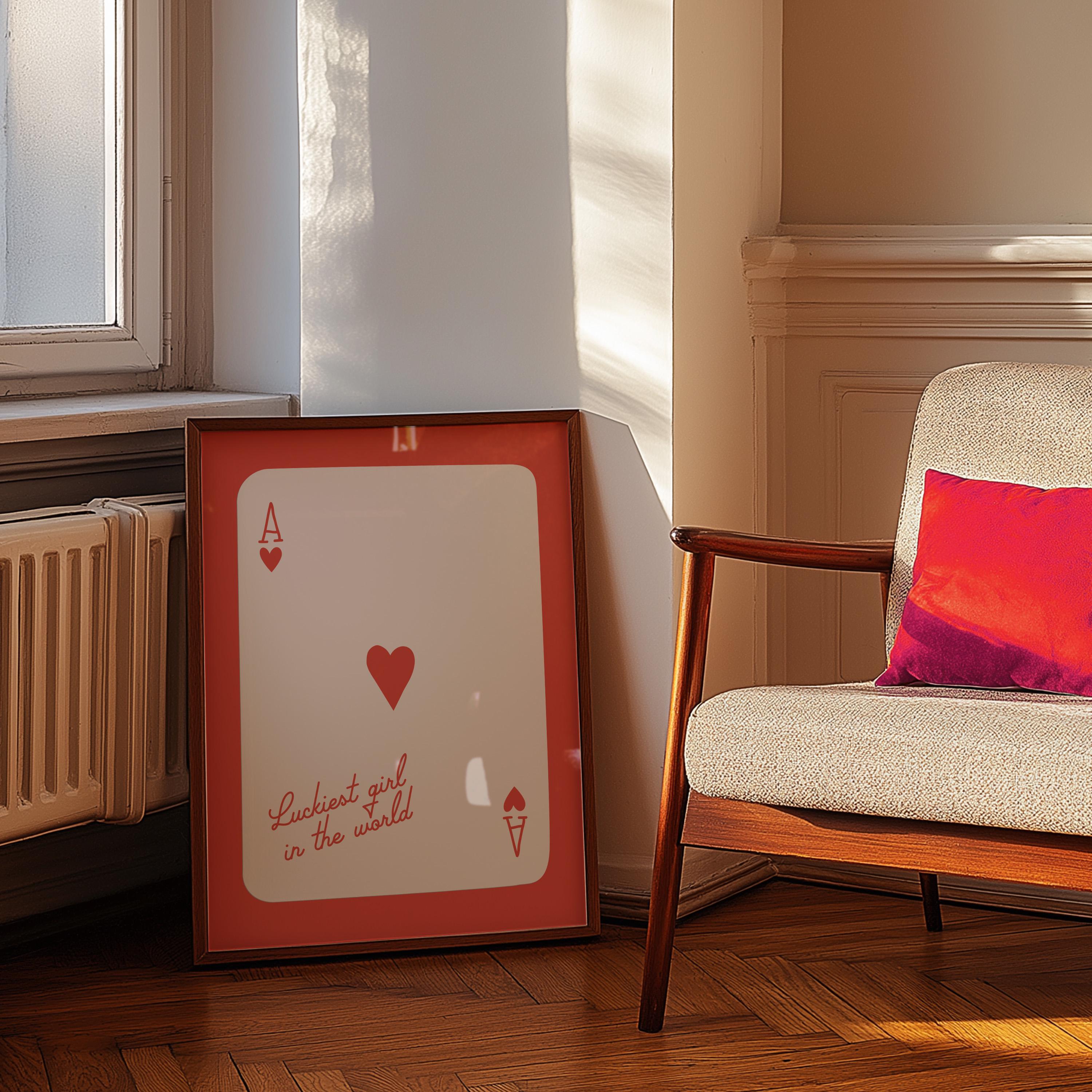 Ace of Hearts, Lucky Girl Quote, Retro Card Posters, Lucky Girl Syndrome Art, Trendy Wall Art, Aesthetic Print, Dorm Art, Ace of Hearts Art