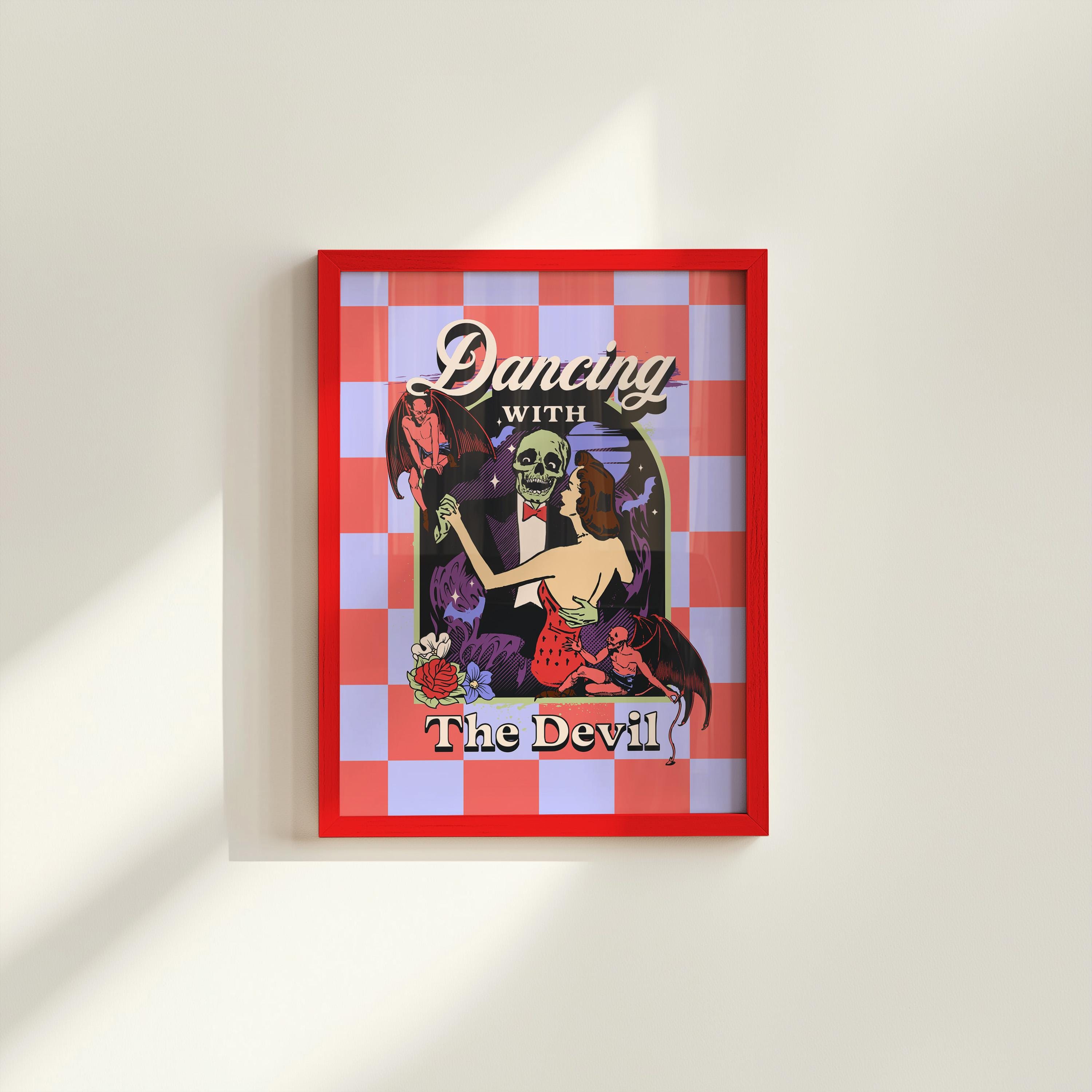 Dancing with the Devil Art, Digital Art, Pink Devil Art, Retro Wall Decor, Funny Wall Art, Vintage Cartoon Art, Y2K Girly Decor