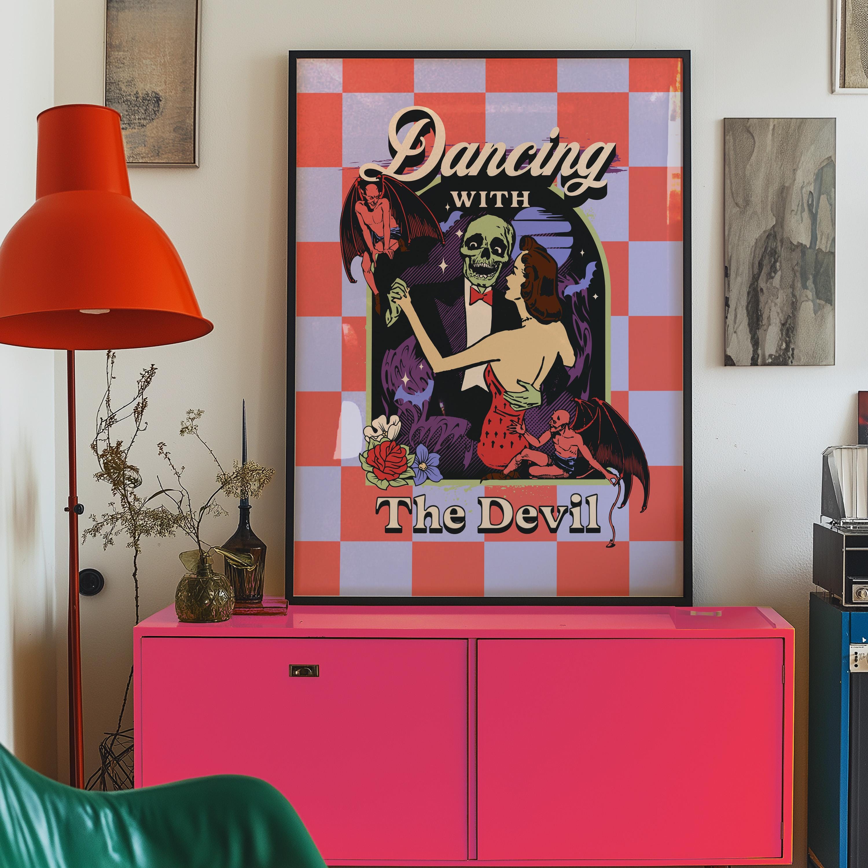 Dancing with the Devil Art, Digital Art, Pink Devil Art, Retro Wall Decor, Funny Wall Art, Vintage Cartoon Art, Y2K Girly Decor
