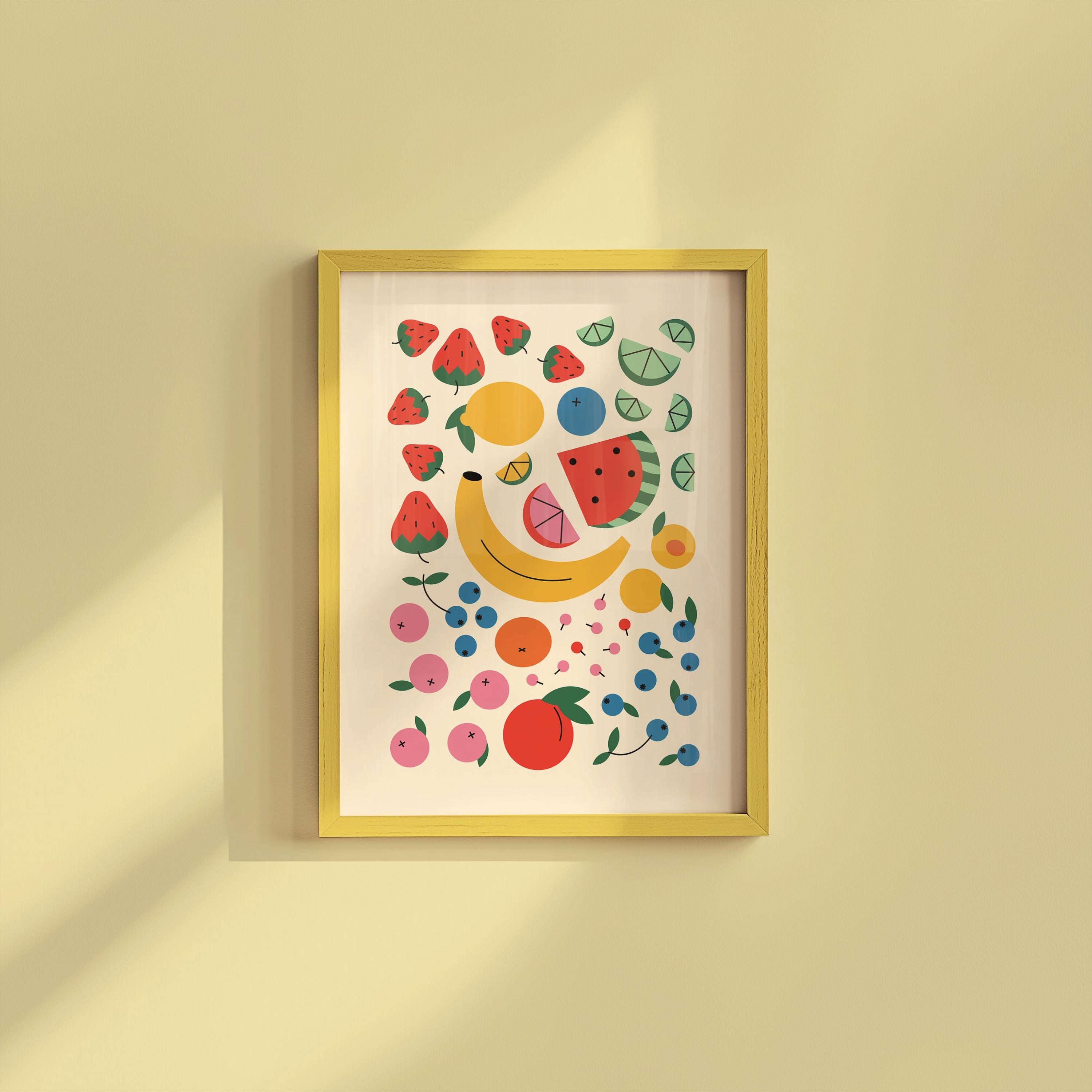Fruit Poster, Vintage Kitchen Art, Cute Colorful Fresh Food Print, Aesthetic Retro Banana Watermelon Lemon Poster, Fun Apartment Home Decor