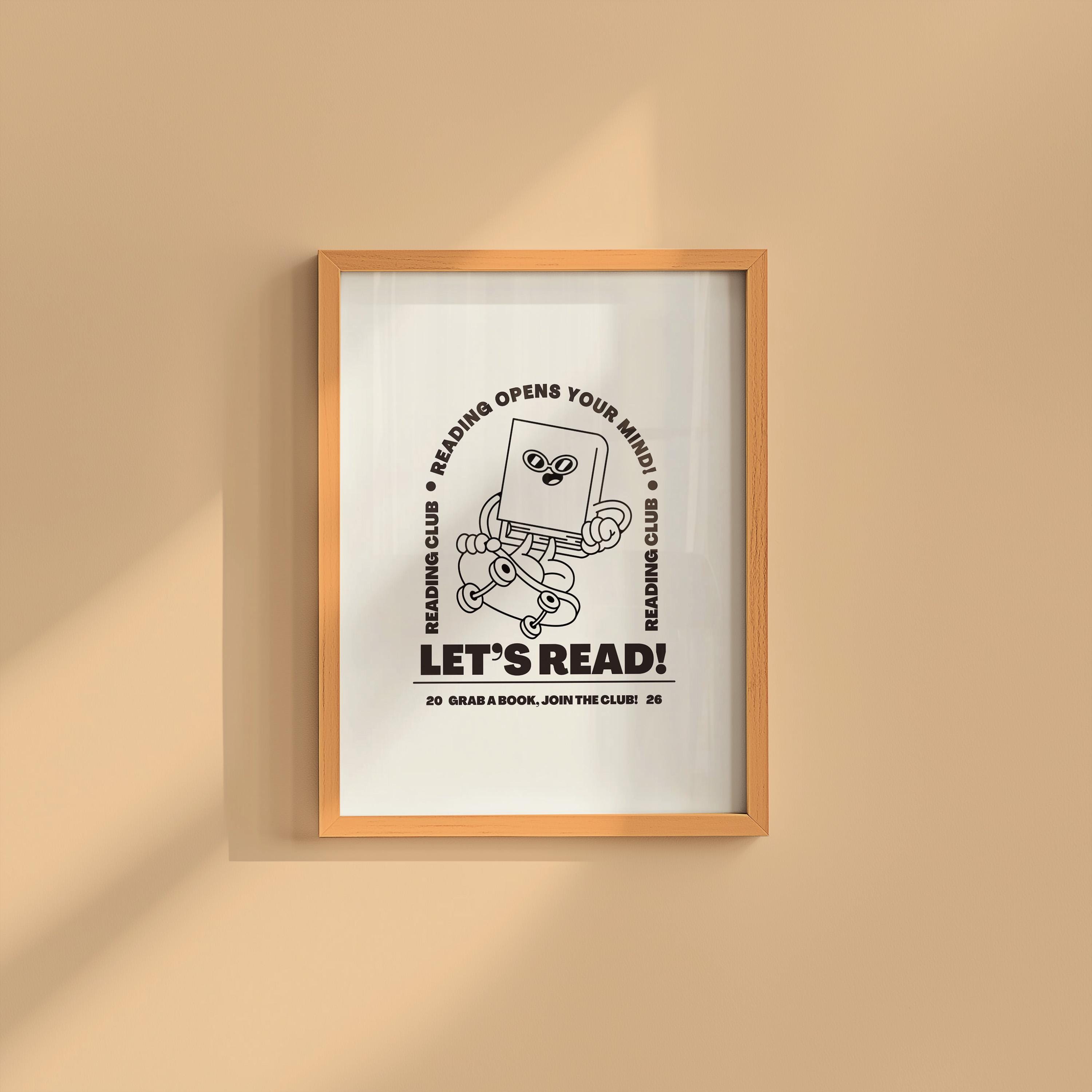 Book Club Art Print - Cute Retro Classroom Art, Funky Groovy Blue Poster, Book Cartoon, Retro Mascot Wall Decor for Kids