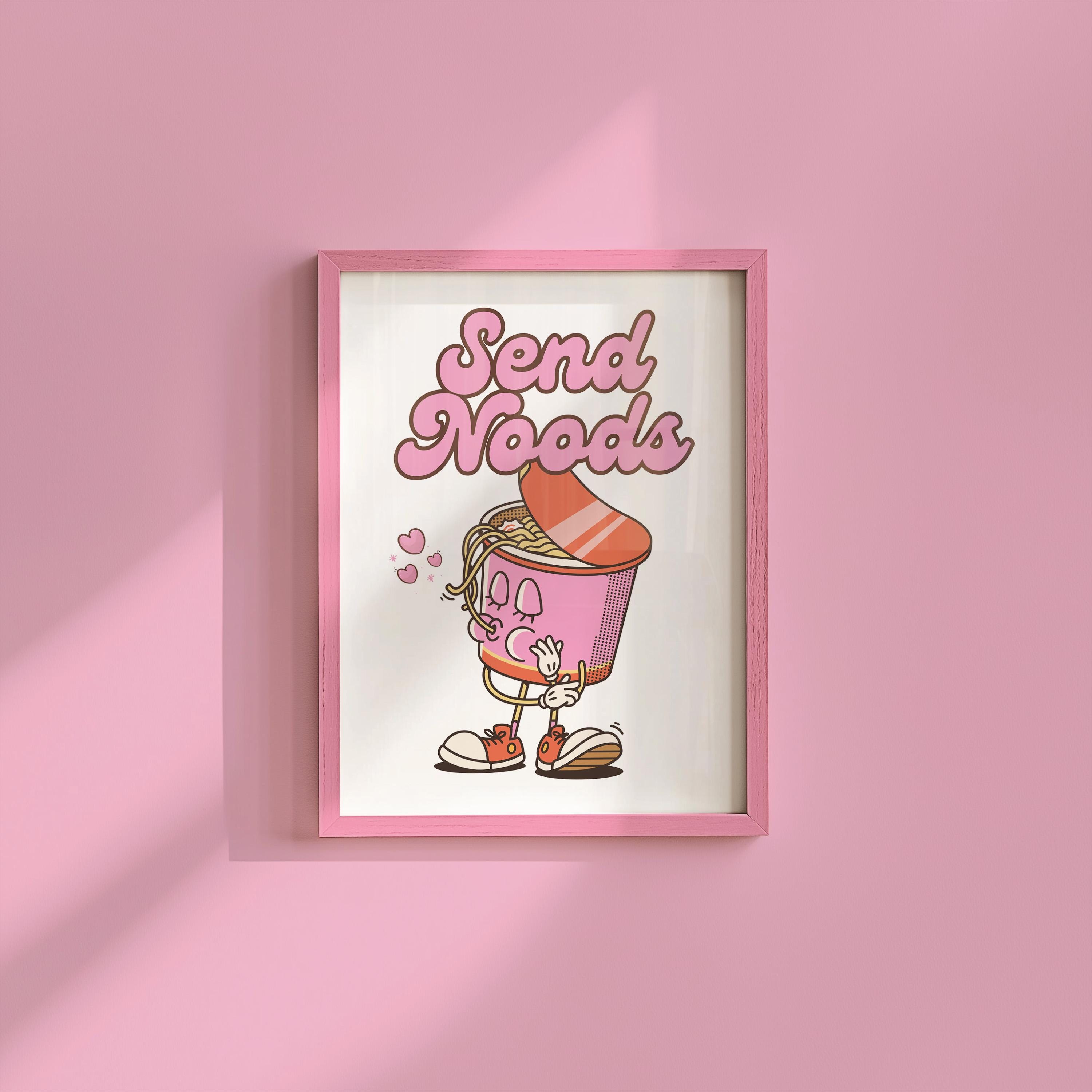 Send Noods Print, Retro Kitchen Print, Pink Noodles Wall Print, Asian Food Wall Art, Retro Poster, Retro Quote Print, Cup of Noodles Art