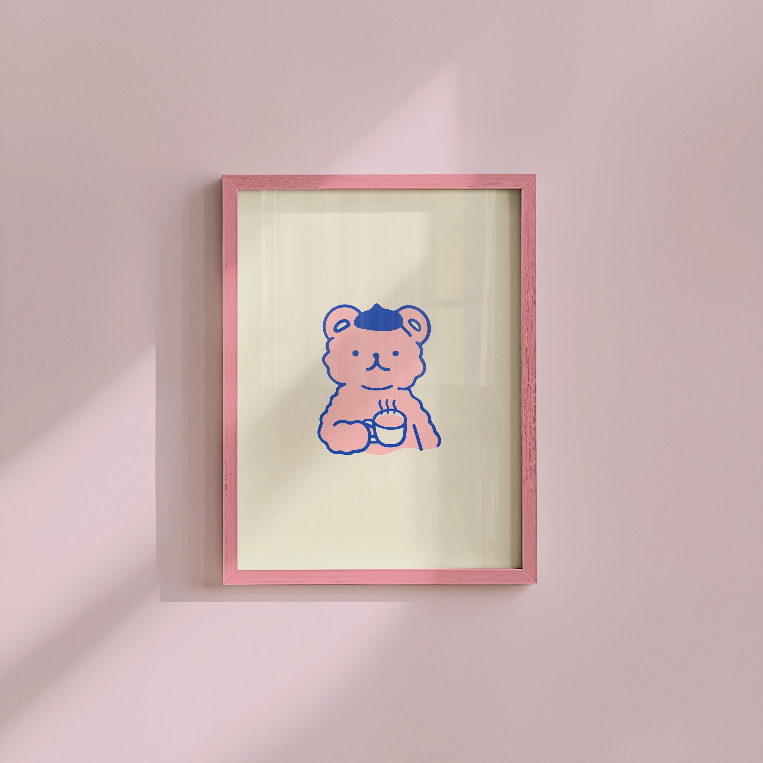 Bear Cartoon Art-Digital Prints-Cute Animal Art-Drink Art-Pink Kitchen Art-Retro Kitchen-Coffee Prints-Funny Animal Art-Beige and Pink Art